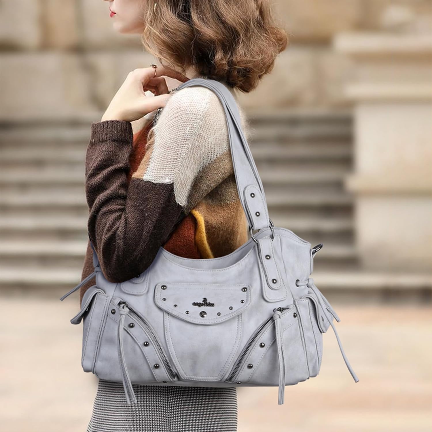 image:imageAngel Kiss Hobo Bag for Women Retro Leather Purses and Handbags Roomy Soft Ladies Satchel Bags with Crossbody StrapLgrey
