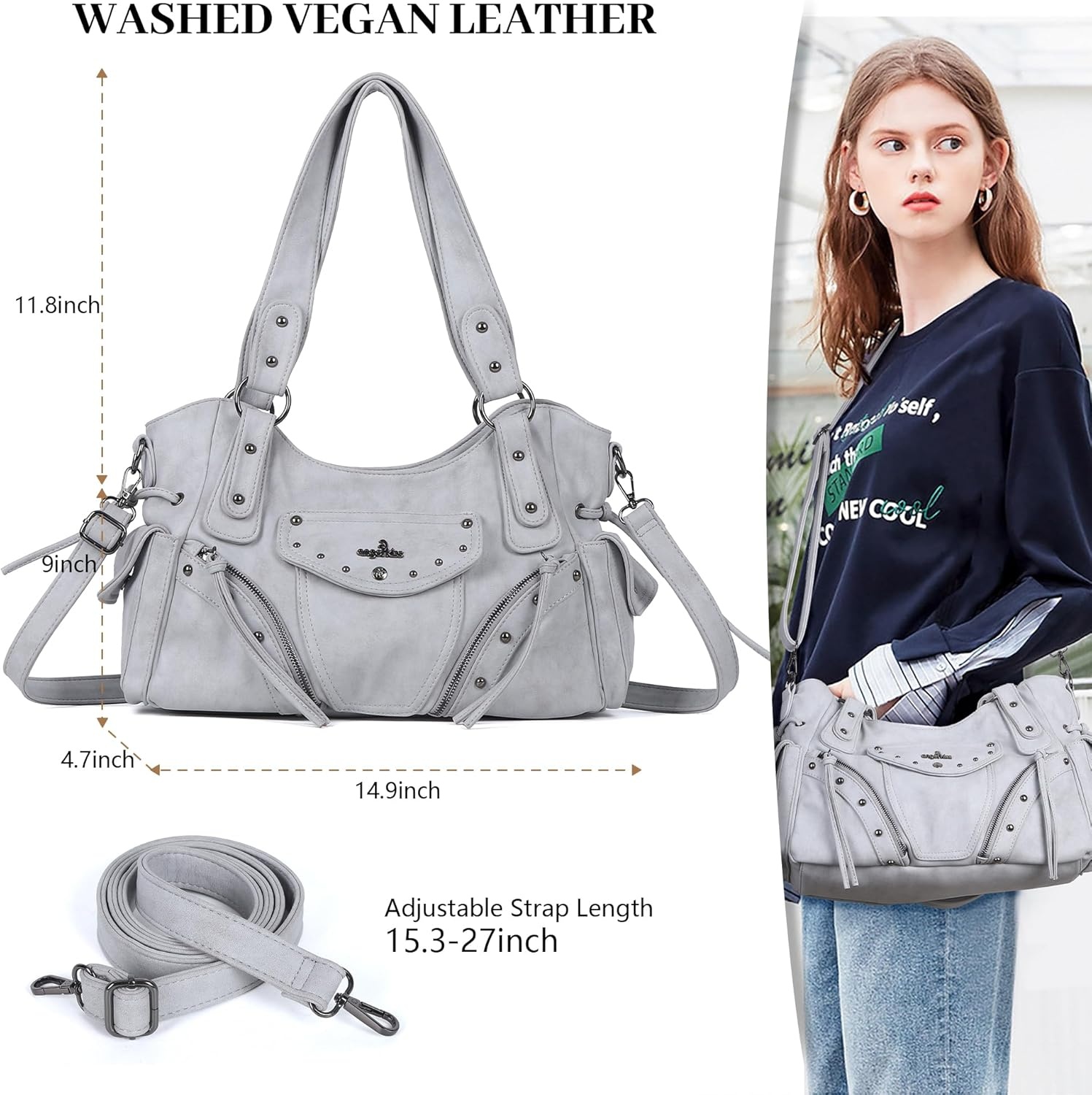 image:imageAngel Kiss Hobo Bag for Women Retro Leather Purses and Handbags Roomy Soft Ladies Satchel Bags with Crossbody StrapLgrey