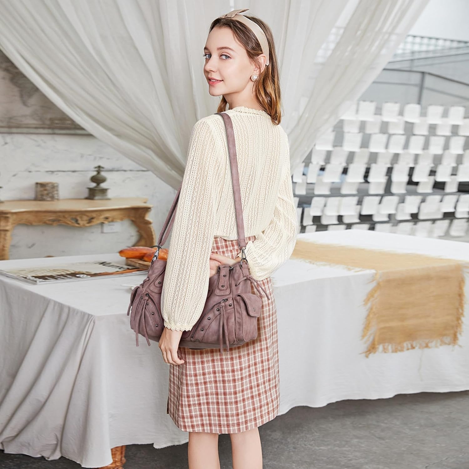 image:imageAngel Kiss Hobo Bag for Women Retro Leather Purses and Handbags Roomy Soft Ladies Satchel Bags with Crossbody StrapLpink