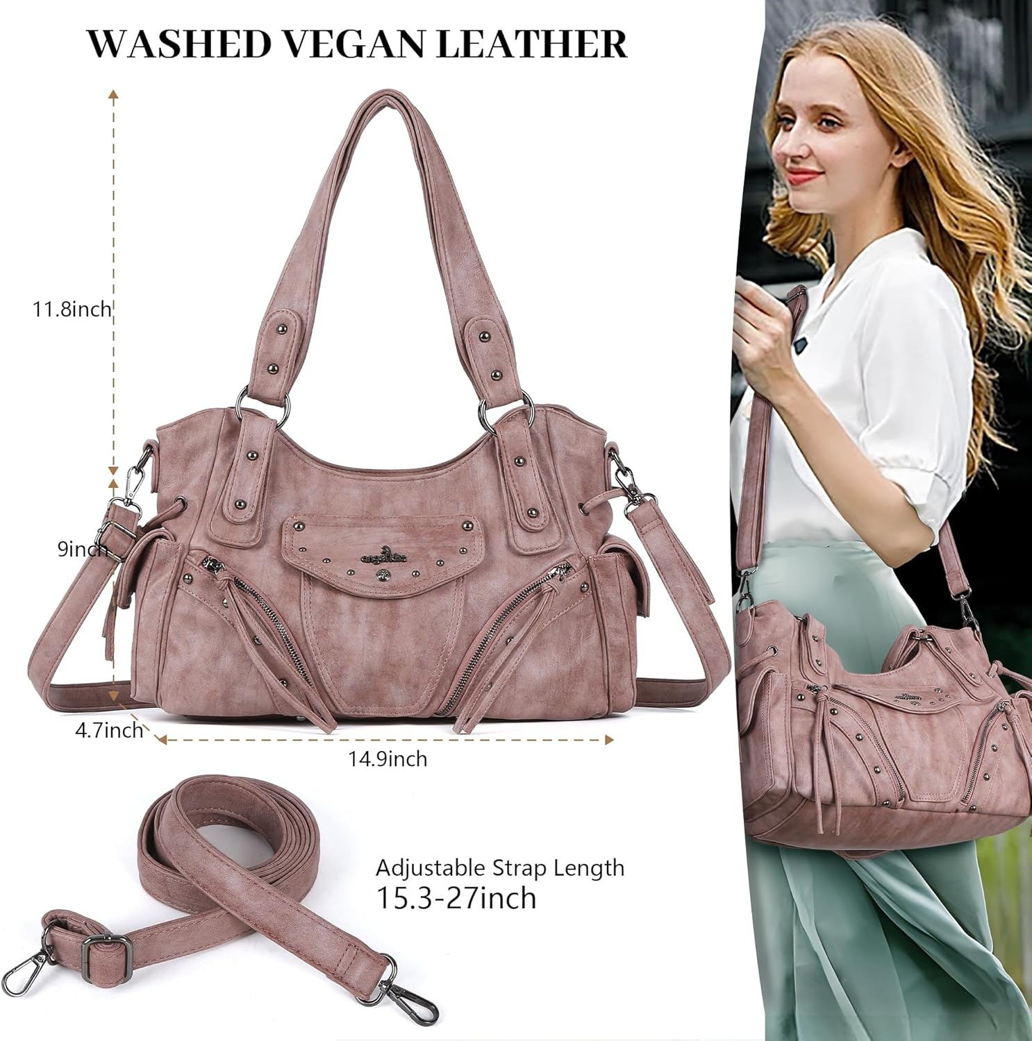 image:imageAngel Kiss Hobo Bag for Women Retro Leather Purses and Handbags Roomy Soft Ladies Satchel Bags with Crossbody StrapLpink