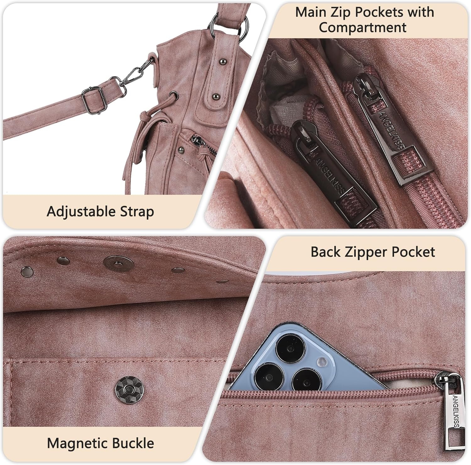 image:imageAngel Kiss Hobo Bag for Women Retro Leather Purses and Handbags Roomy Soft Ladies Satchel Bags with Crossbody StrapLpink