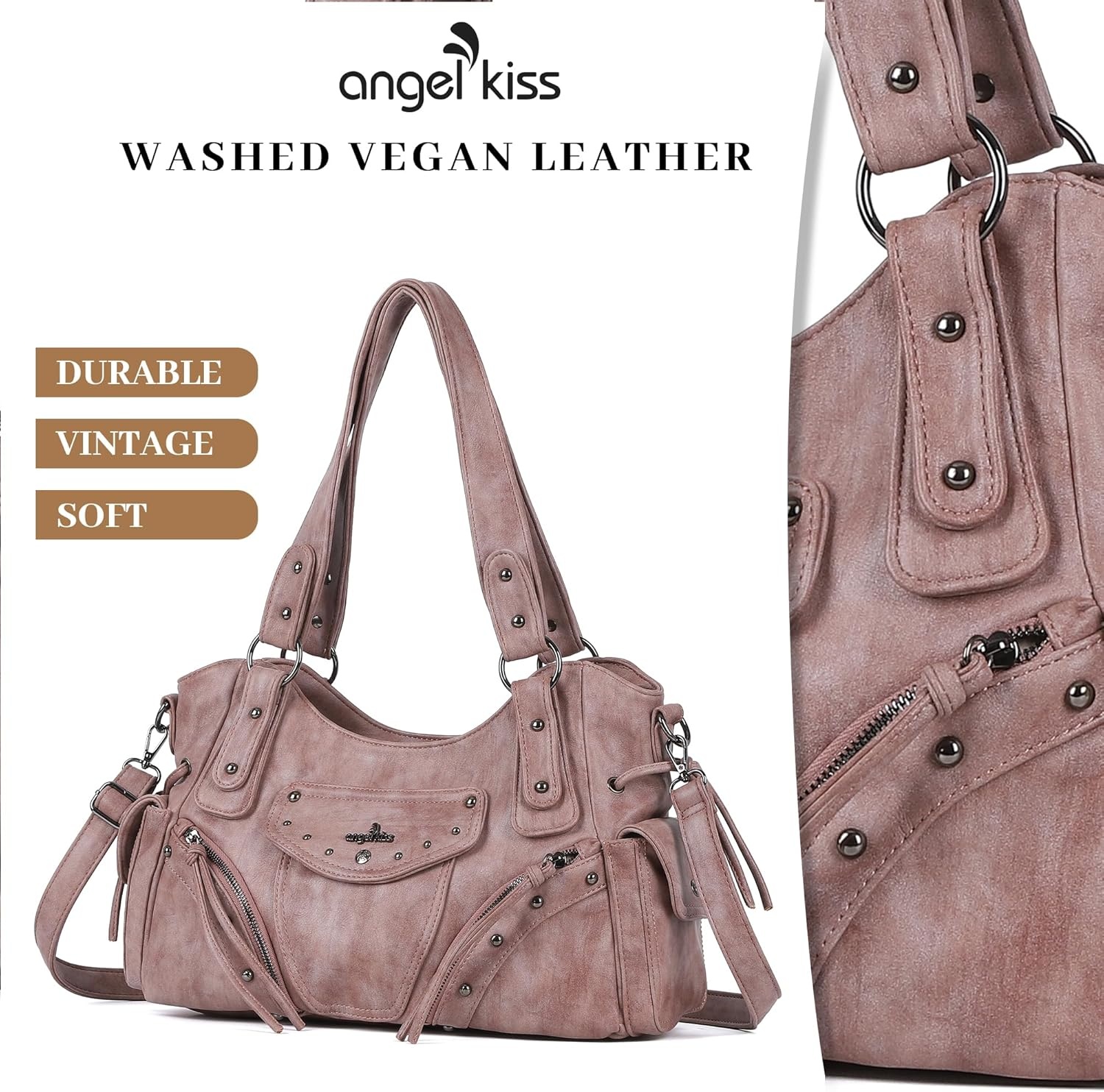 image:imageAngel Kiss Hobo Bag for Women Retro Leather Purses and Handbags Roomy Soft Ladies Satchel Bags with Crossbody StrapLpink