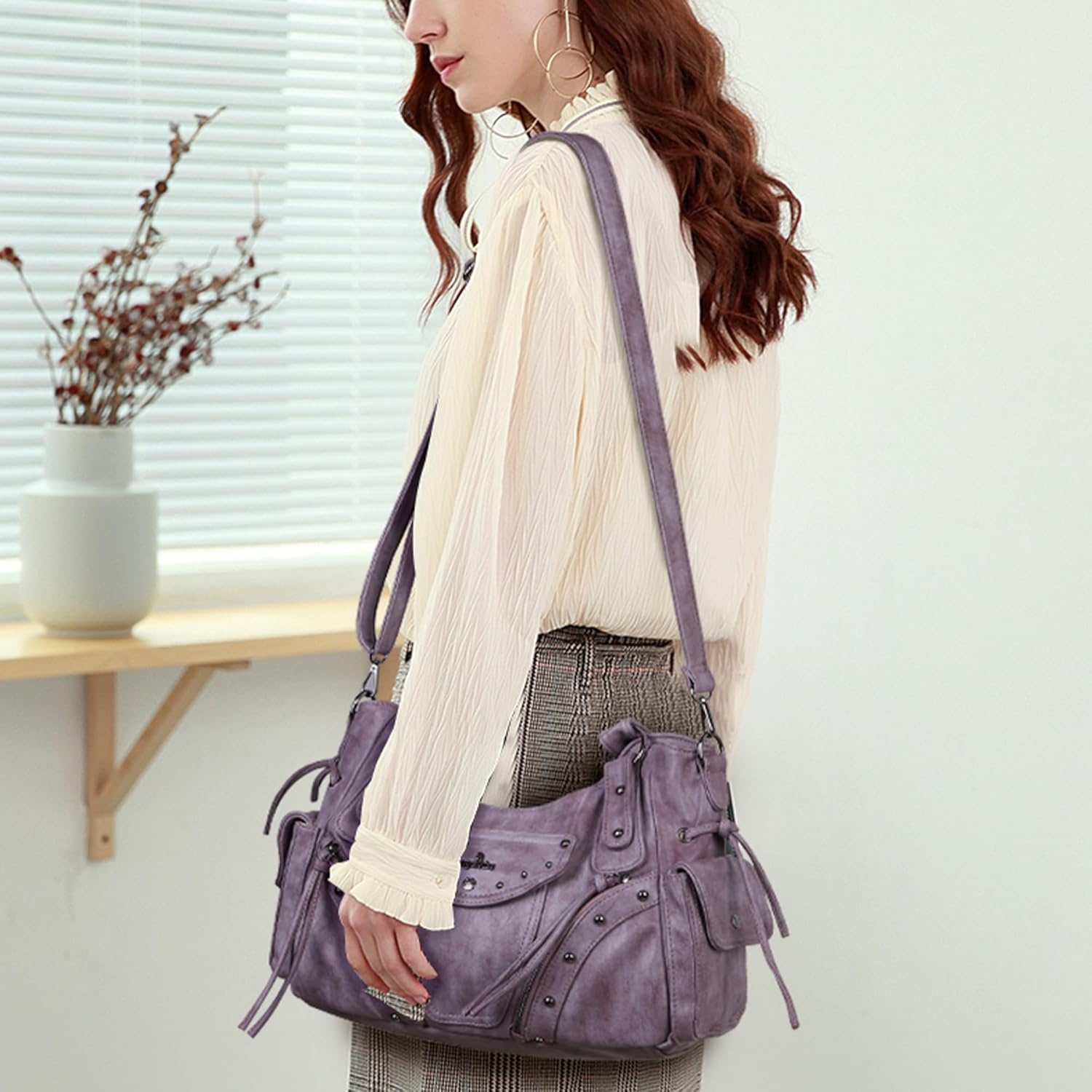 image:imageAngel Kiss Hobo Bag for Women Retro Leather Purses and Handbags Roomy Soft Ladies Satchel Bags with Crossbody StrapPurple
