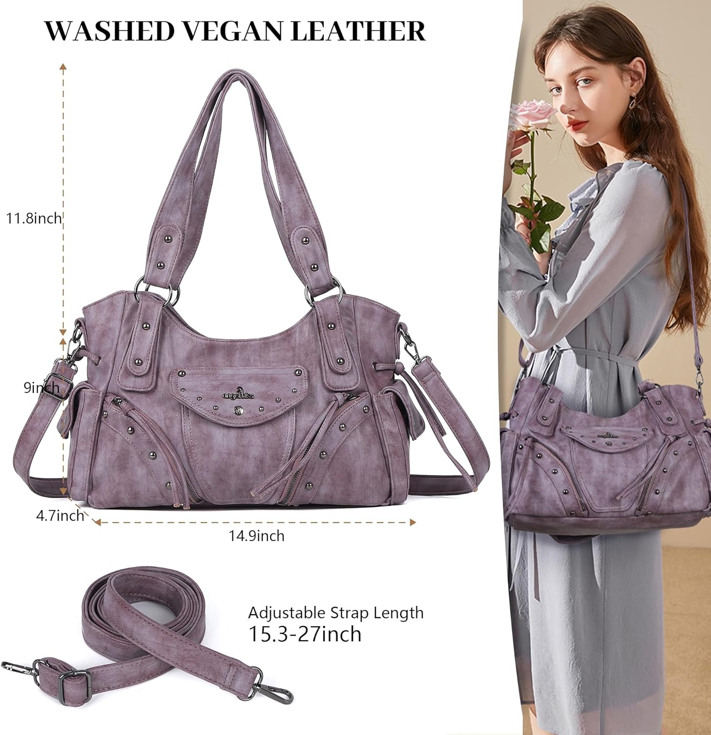 image:imageAngel Kiss Hobo Bag for Women Retro Leather Purses and Handbags Roomy Soft Ladies Satchel Bags with Crossbody StrapPurple