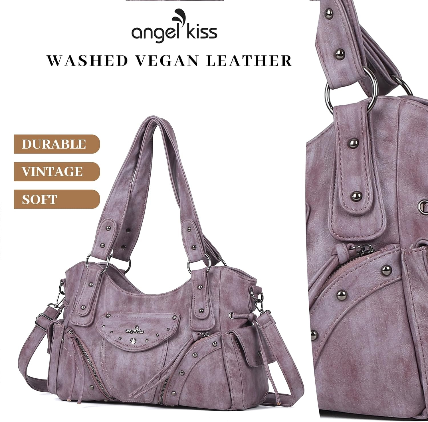 image:imageAngel Kiss Hobo Bag for Women Retro Leather Purses and Handbags Roomy Soft Ladies Satchel Bags with Crossbody StrapPurple