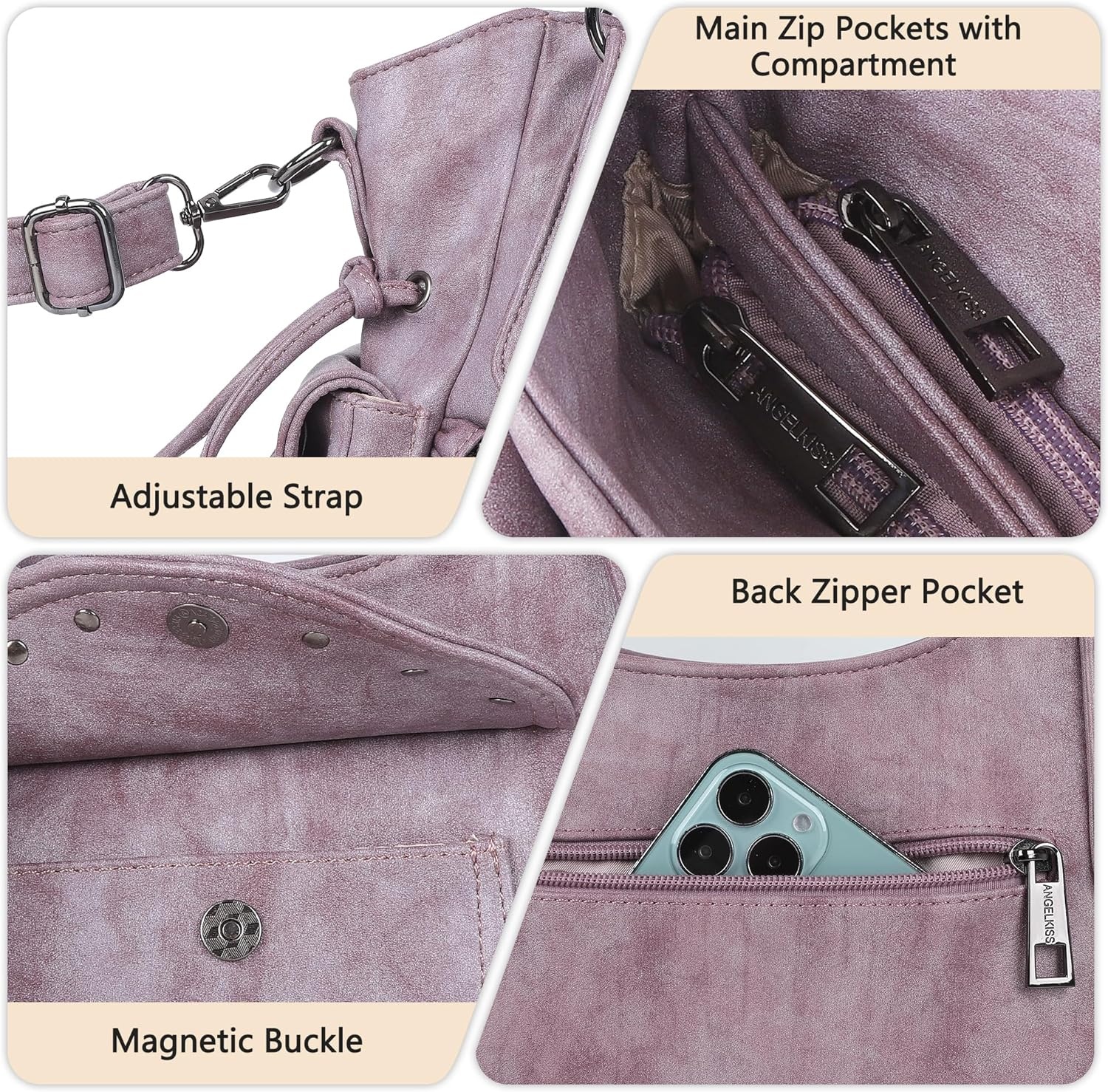 image:imageAngel Kiss Hobo Bag for Women Retro Leather Purses and Handbags Roomy Soft Ladies Satchel Bags with Crossbody StrapPurple