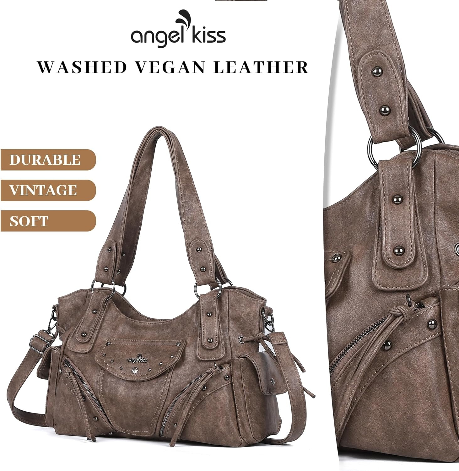 image:imageAngel Kiss Hobo Bag for Women Retro Leather Purses and Handbags Roomy Soft Ladies Satchel Bags with Crossbody StrapTaupe