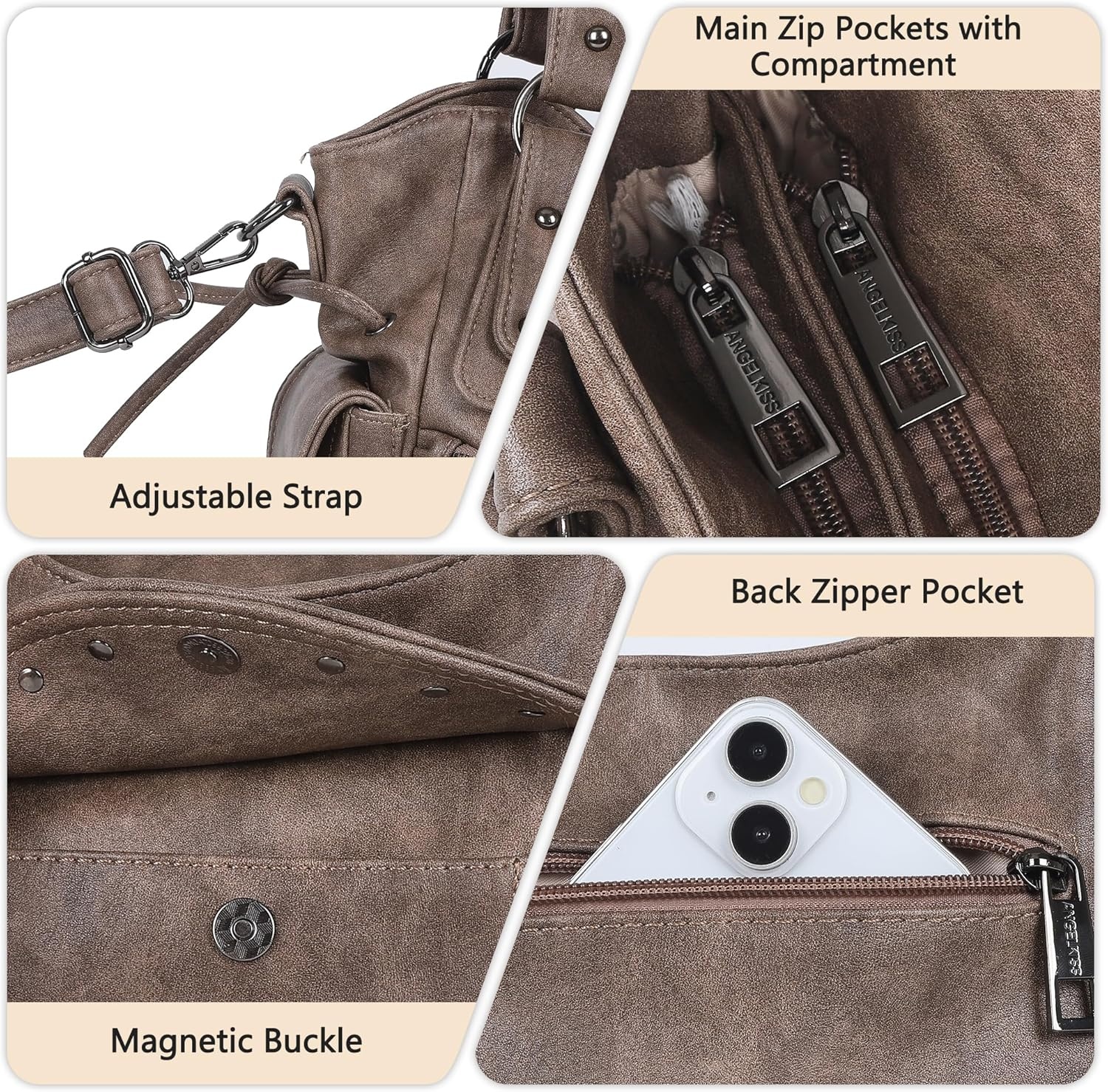 image:imageAngel Kiss Hobo Bag for Women Retro Leather Purses and Handbags Roomy Soft Ladies Satchel Bags with Crossbody StrapTaupe