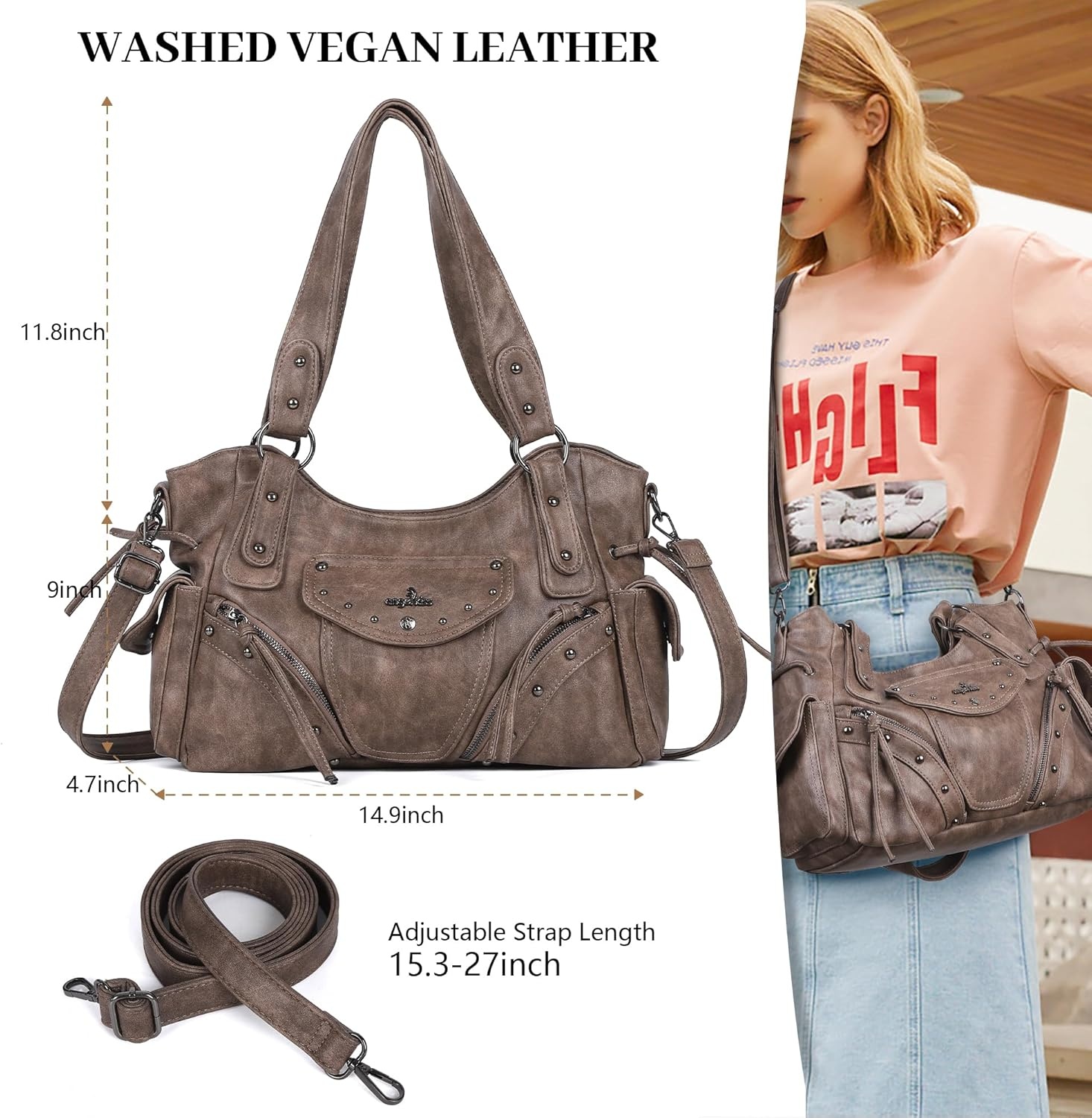 image:imageAngel Kiss Hobo Bag for Women Retro Leather Purses and Handbags Roomy Soft Ladies Satchel Bags with Crossbody StrapTaupe