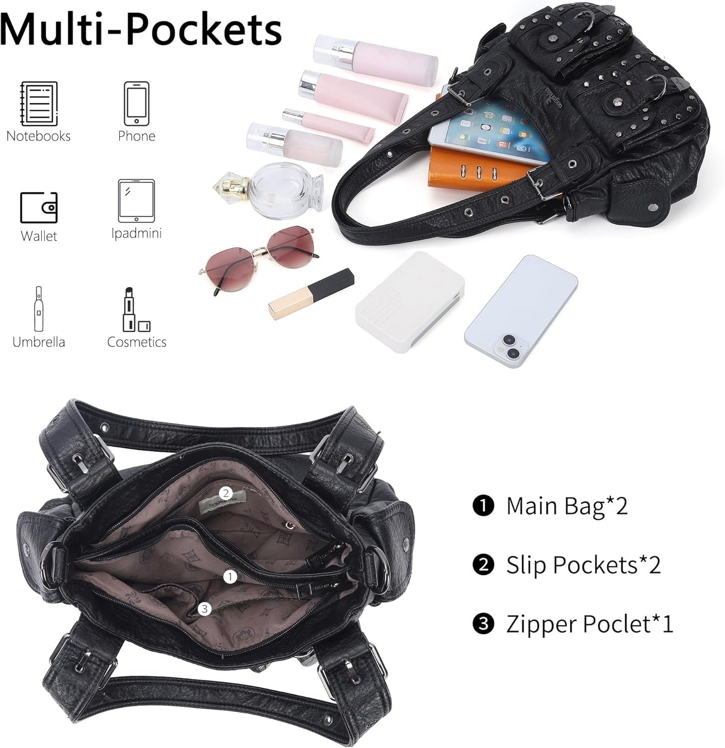 image:imageAngel Kiss Hobo Bags For Women Puses and Handbags Multi Pocket Studded Shoulder Bag Y2K Tote BagBlack