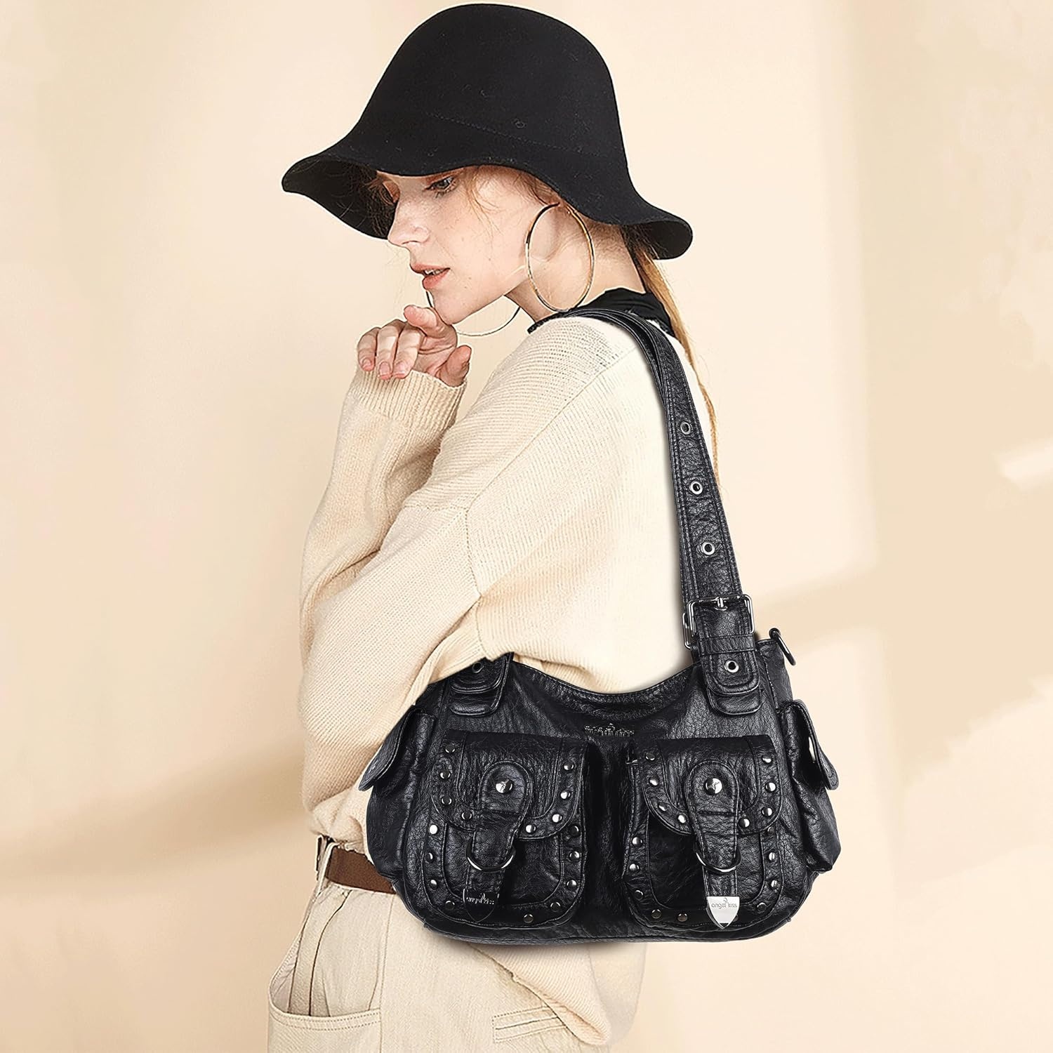 image:imageAngel Kiss Hobo Bags For Women Puses and Handbags Multi Pocket Studded Shoulder Bag Y2K Tote BagBlack
