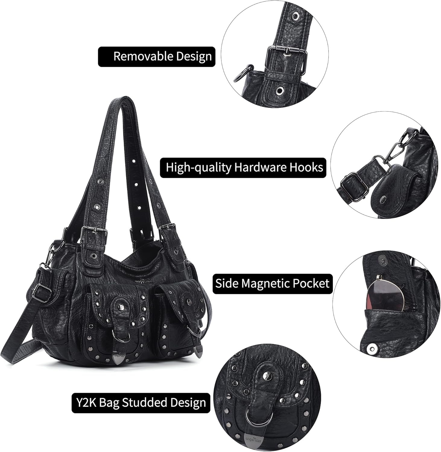 image:imageAngel Kiss Hobo Bags For Women Puses and Handbags Multi Pocket Studded Shoulder Bag Y2K Tote BagBlack
