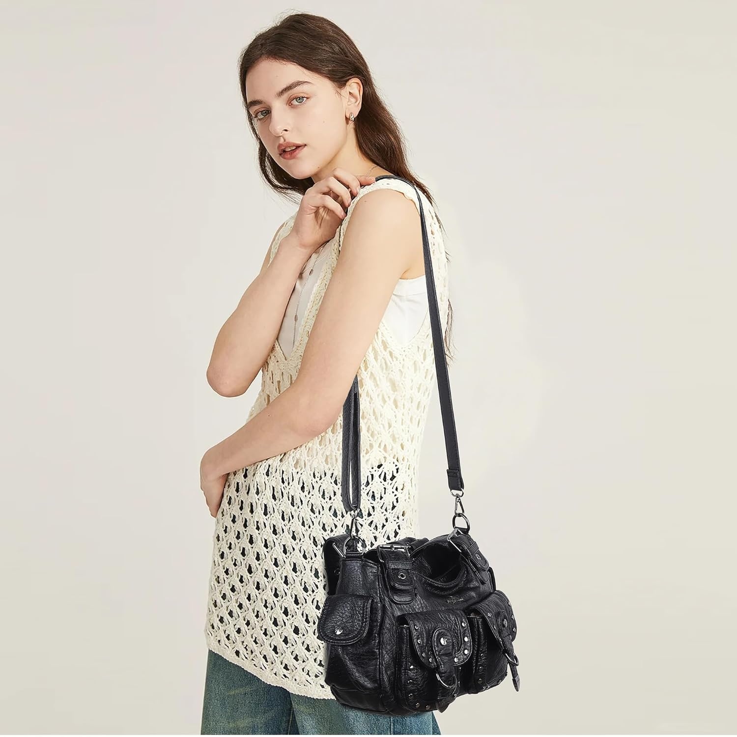 image:imageAngel Kiss Hobo Bags For Women Puses and Handbags Multi Pocket Studded Shoulder Bag Y2K Tote BagBlack