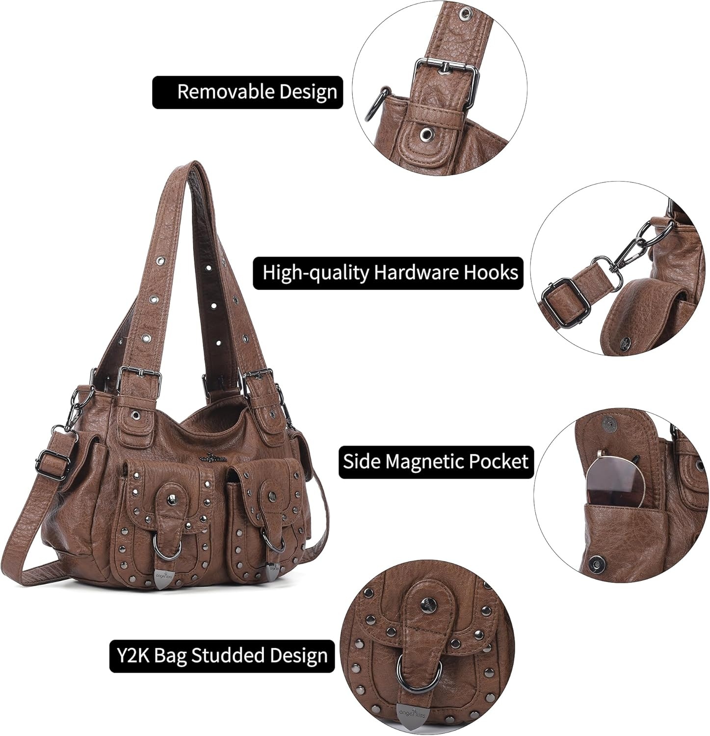 image:imageAngel Kiss Hobo Bags For Women Puses and Handbags Multi Pocket Studded Shoulder Bag Y2K Tote BagBrown