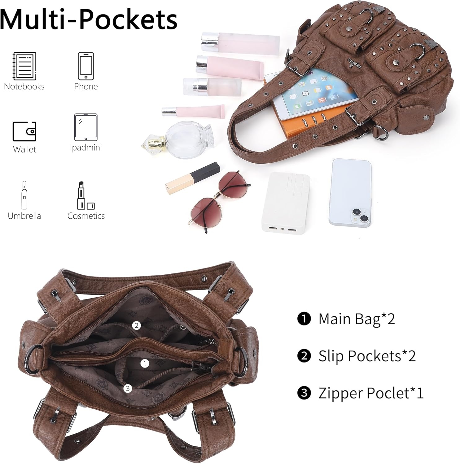 image:imageAngel Kiss Hobo Bags For Women Puses and Handbags Multi Pocket Studded Shoulder Bag Y2K Tote BagBrown