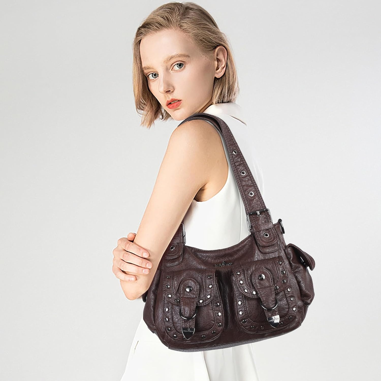 image:imageAngel Kiss Hobo Bags For Women Puses and Handbags Multi Pocket Studded Shoulder Bag Y2K Tote BagCoffee Brown