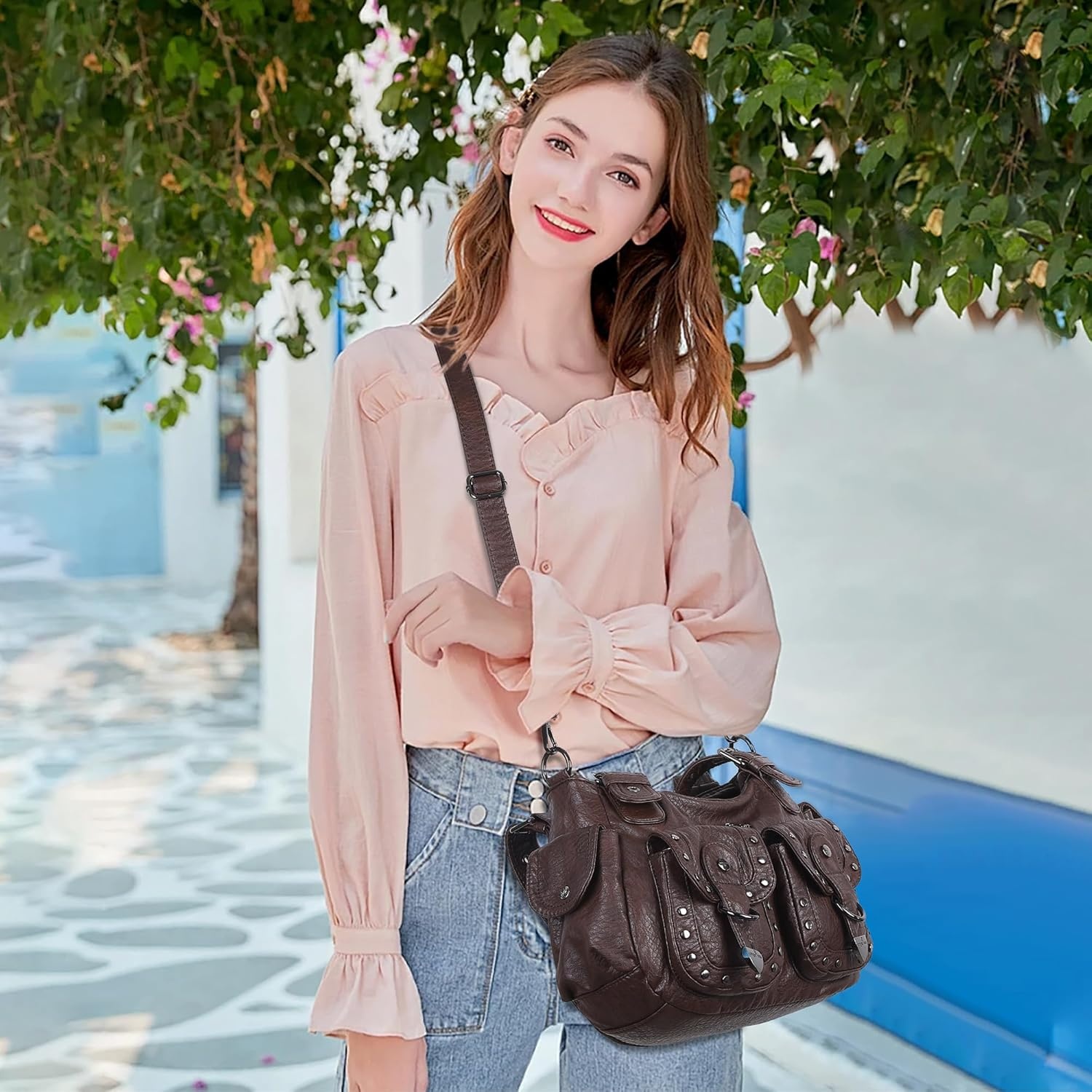 image:imageAngel Kiss Hobo Bags For Women Puses and Handbags Multi Pocket Studded Shoulder Bag Y2K Tote BagCoffee Brown