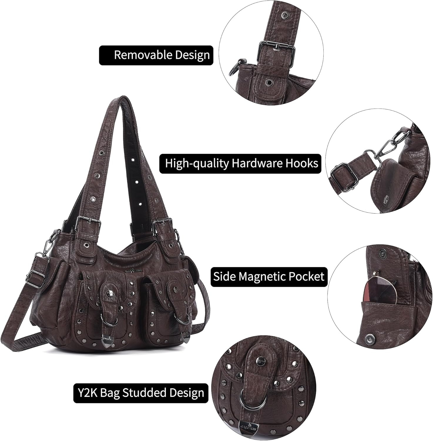 image:imageAngel Kiss Hobo Bags For Women Puses and Handbags Multi Pocket Studded Shoulder Bag Y2K Tote BagCoffee Brown