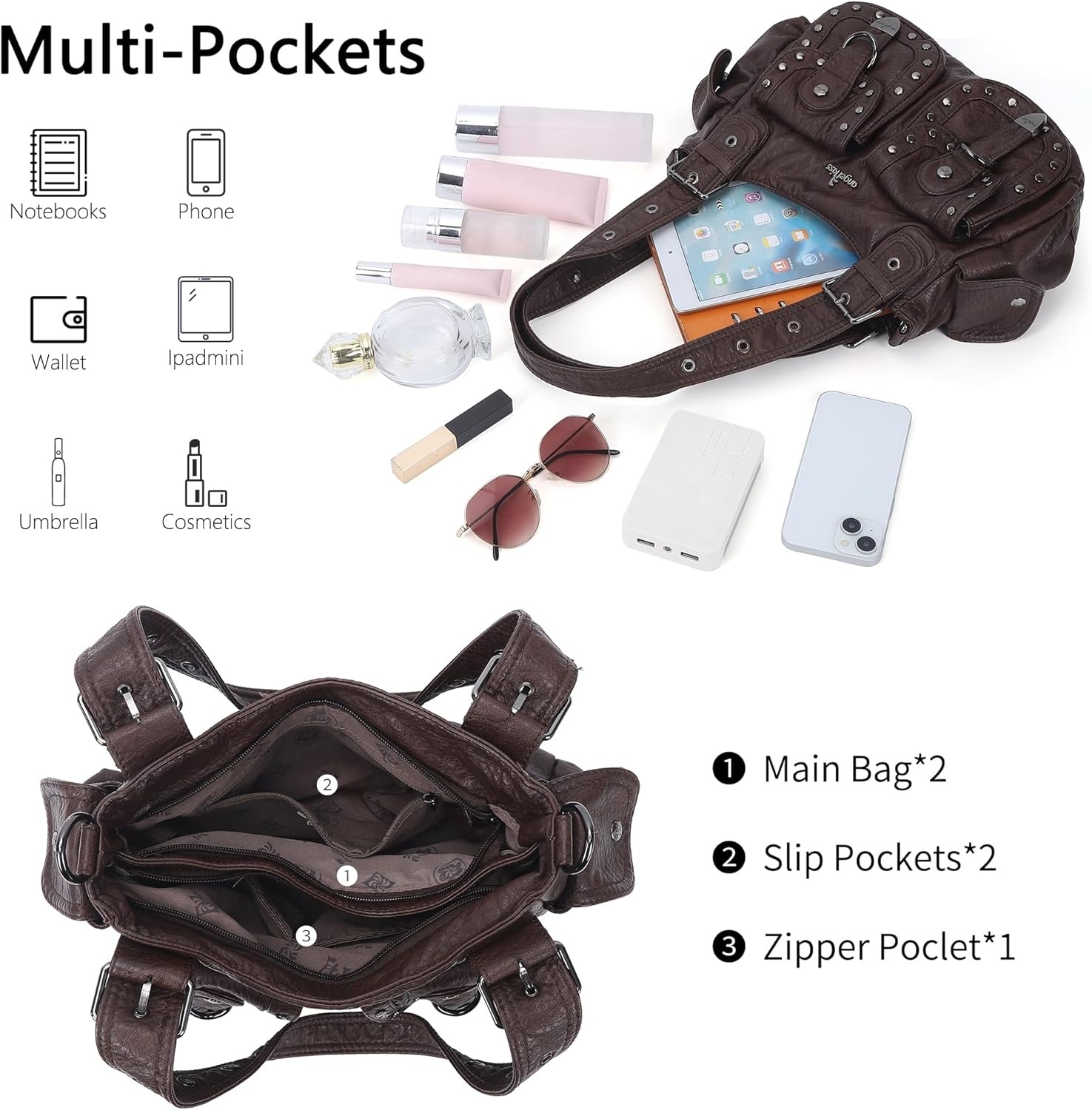 image:imageAngel Kiss Hobo Bags For Women Puses and Handbags Multi Pocket Studded Shoulder Bag Y2K Tote BagCoffee Brown