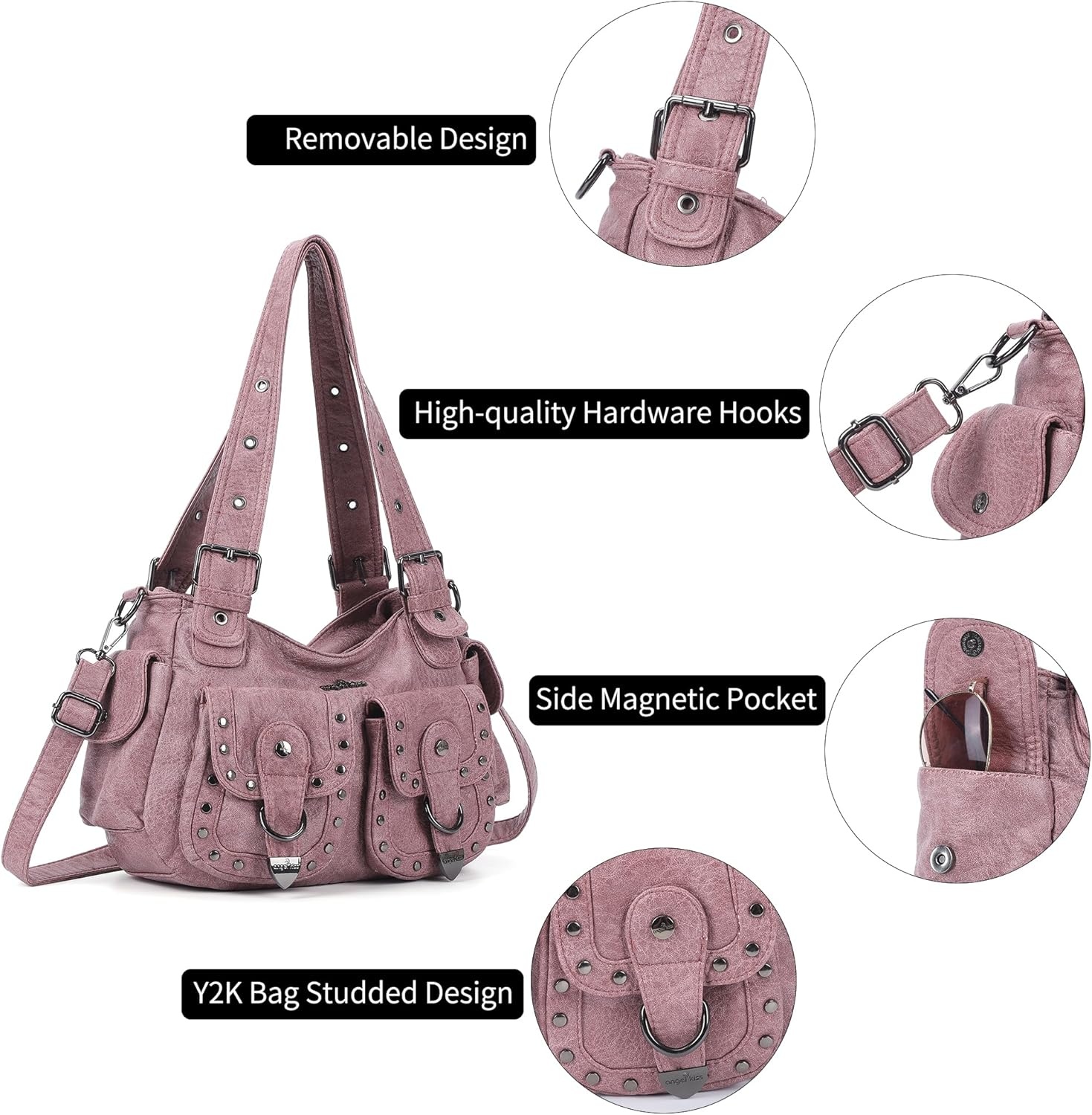 image:imageAngel Kiss Hobo Bags For Women Puses and Handbags Multi Pocket Studded Shoulder Bag Y2K Tote BagPink