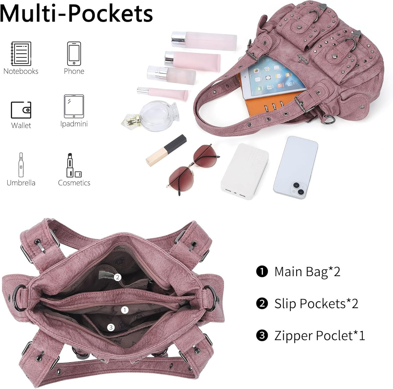image:imageAngel Kiss Hobo Bags For Women Puses and Handbags Multi Pocket Studded Shoulder Bag Y2K Tote BagPink