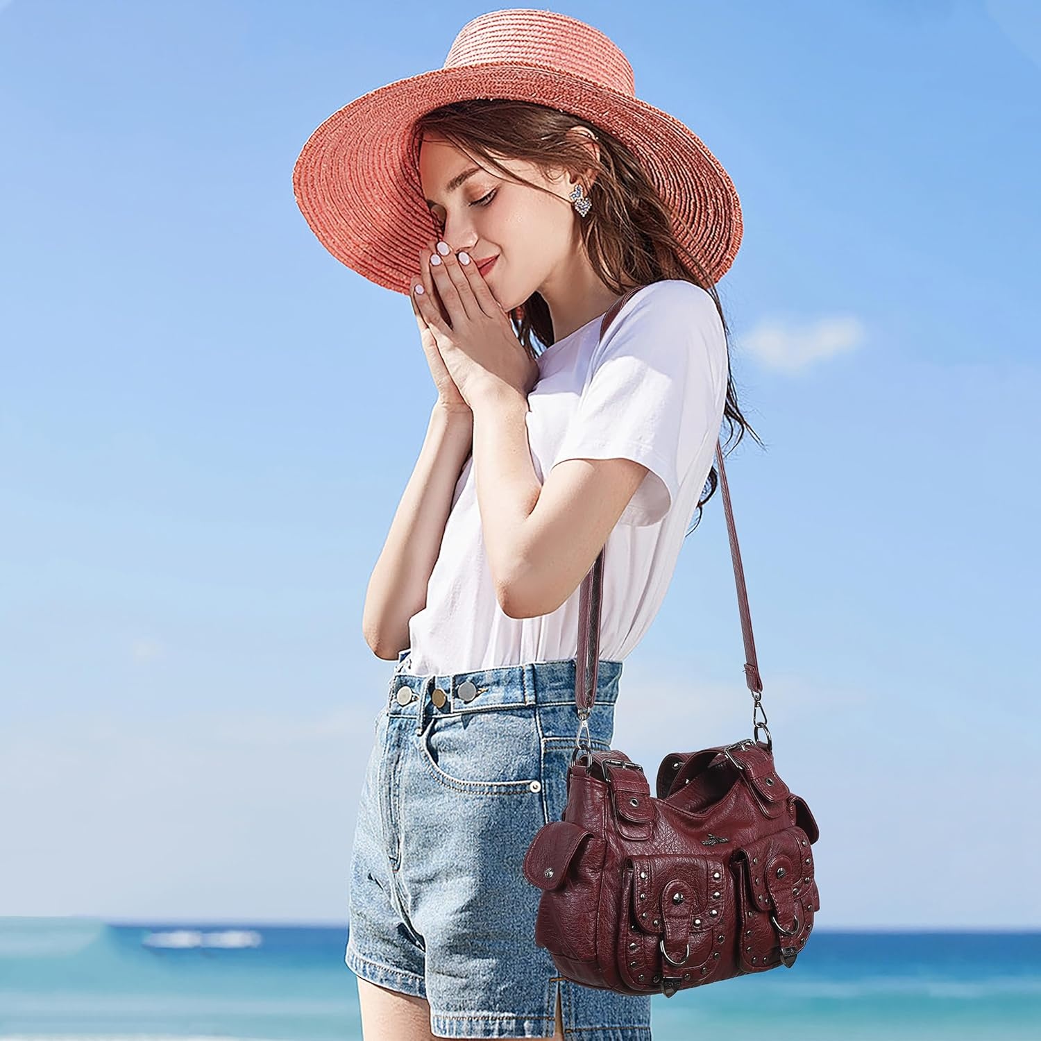 image:imageAngel Kiss Hobo Bags For Women Puses and Handbags Multi Pocket Studded Shoulder Bag Y2K Tote BagWine