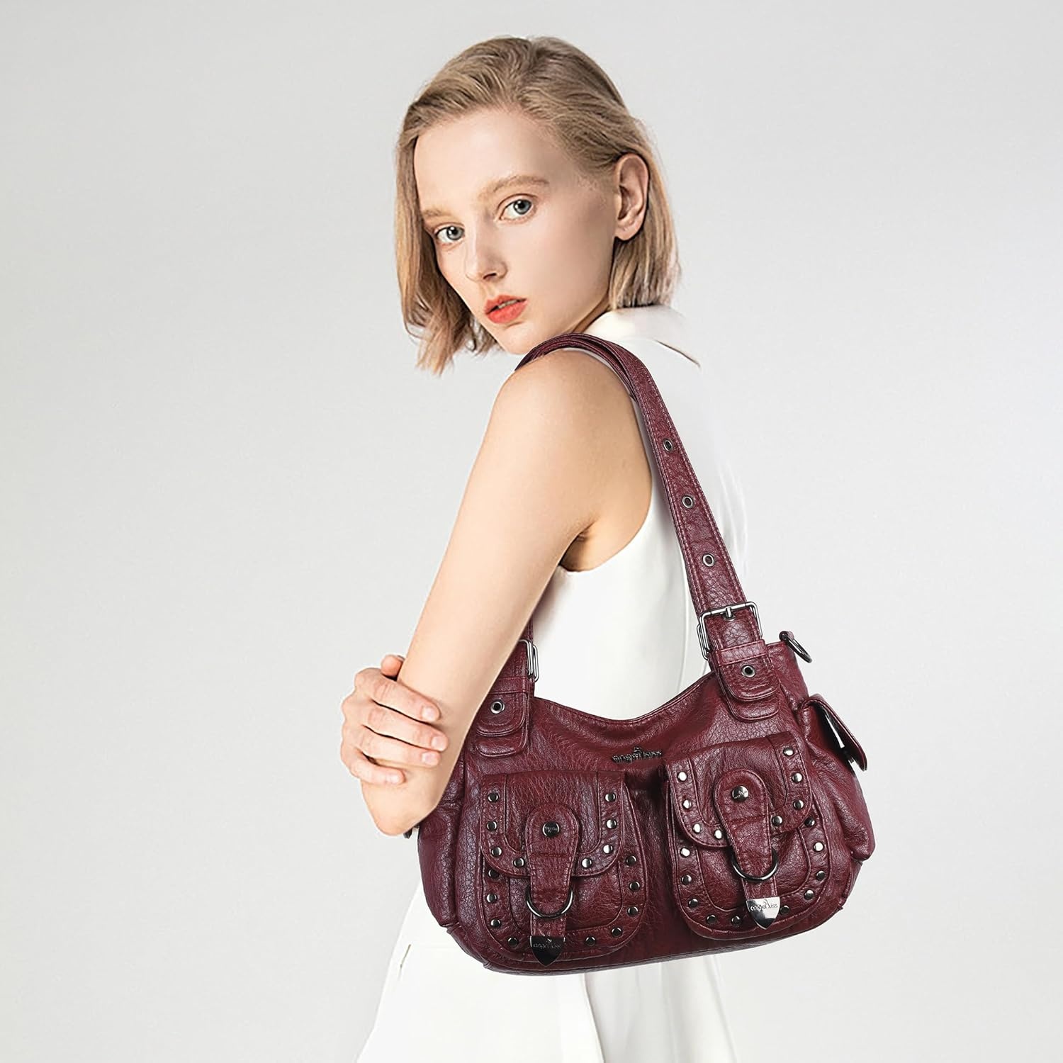 image:imageAngel Kiss Hobo Bags For Women Puses and Handbags Multi Pocket Studded Shoulder Bag Y2K Tote BagWine