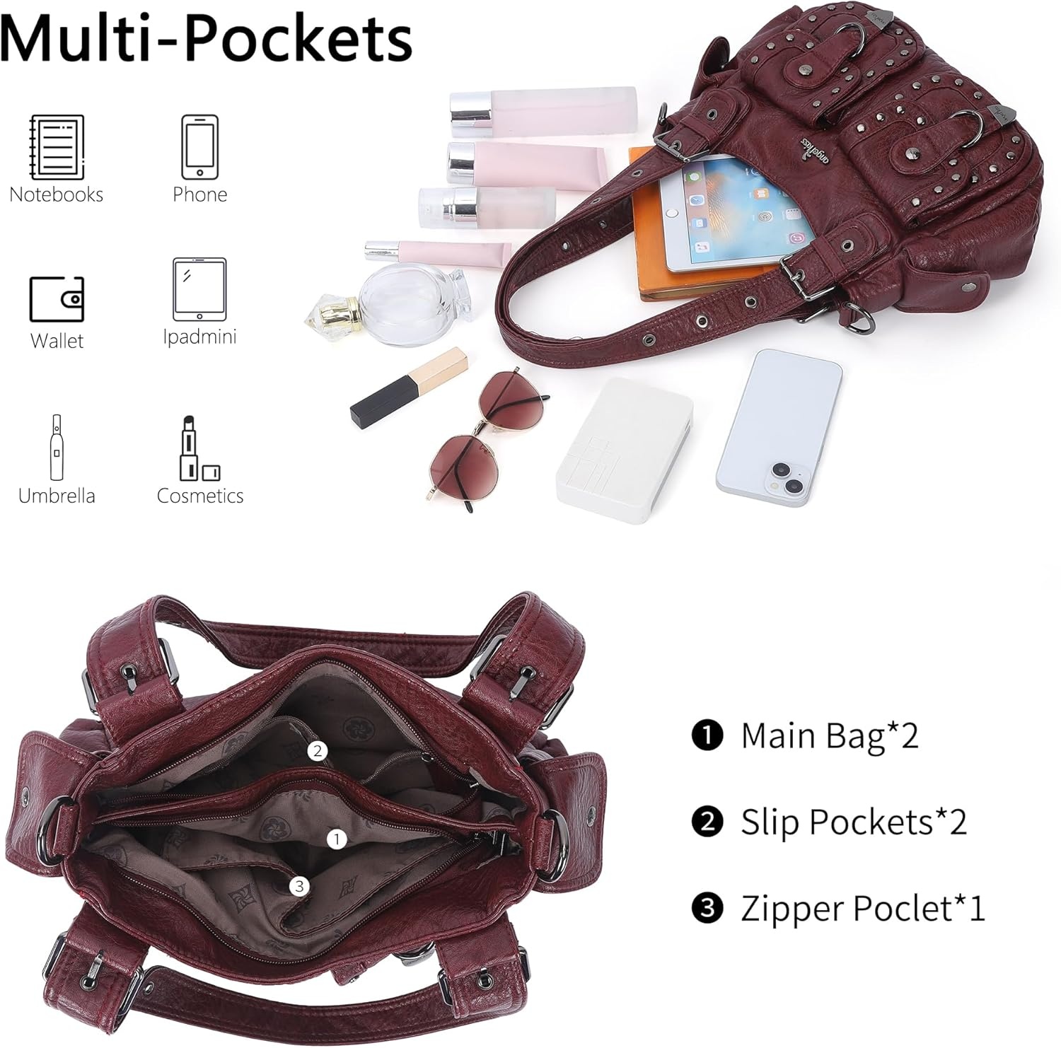 image:imageAngel Kiss Hobo Bags For Women Puses and Handbags Multi Pocket Studded Shoulder Bag Y2K Tote BagWine