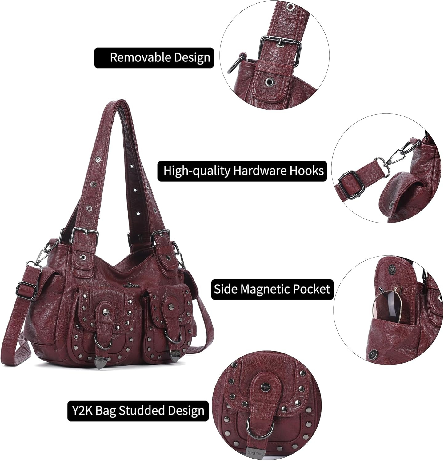 image:imageAngel Kiss Hobo Bags For Women Puses and Handbags Multi Pocket Studded Shoulder Bag Y2K Tote BagWine