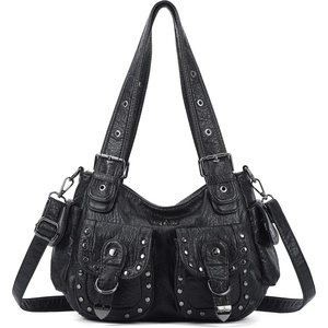 Angel Kiss Hobo Bags For Women Puses and Handbags Multi Pocket Studded Shoulder Bag Y2K Tote Bag(Black)