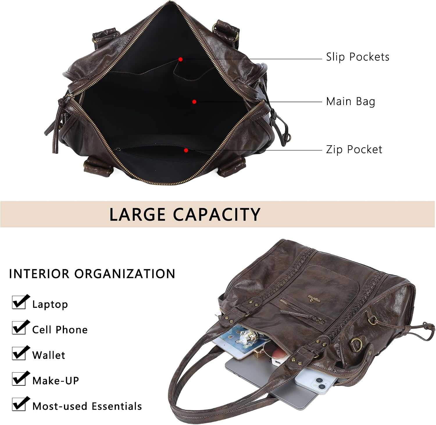 image:imageAngel Kiss Hobo Bags For Women Vegan Leather Hobo Satchel Handbags Large Tote Purses Shoulder BagCoffee