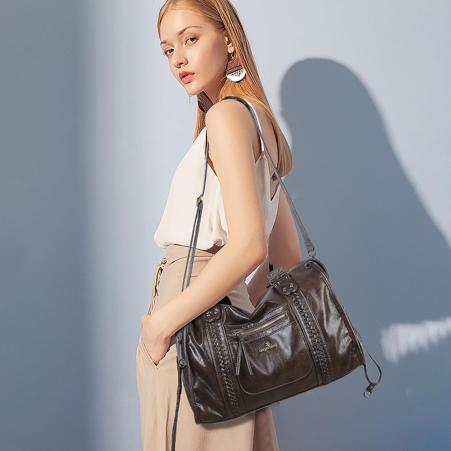 image:imageAngel Kiss Hobo Bags For Women Vegan Leather Hobo Satchel Handbags Large Tote Purses Shoulder BagCoffee