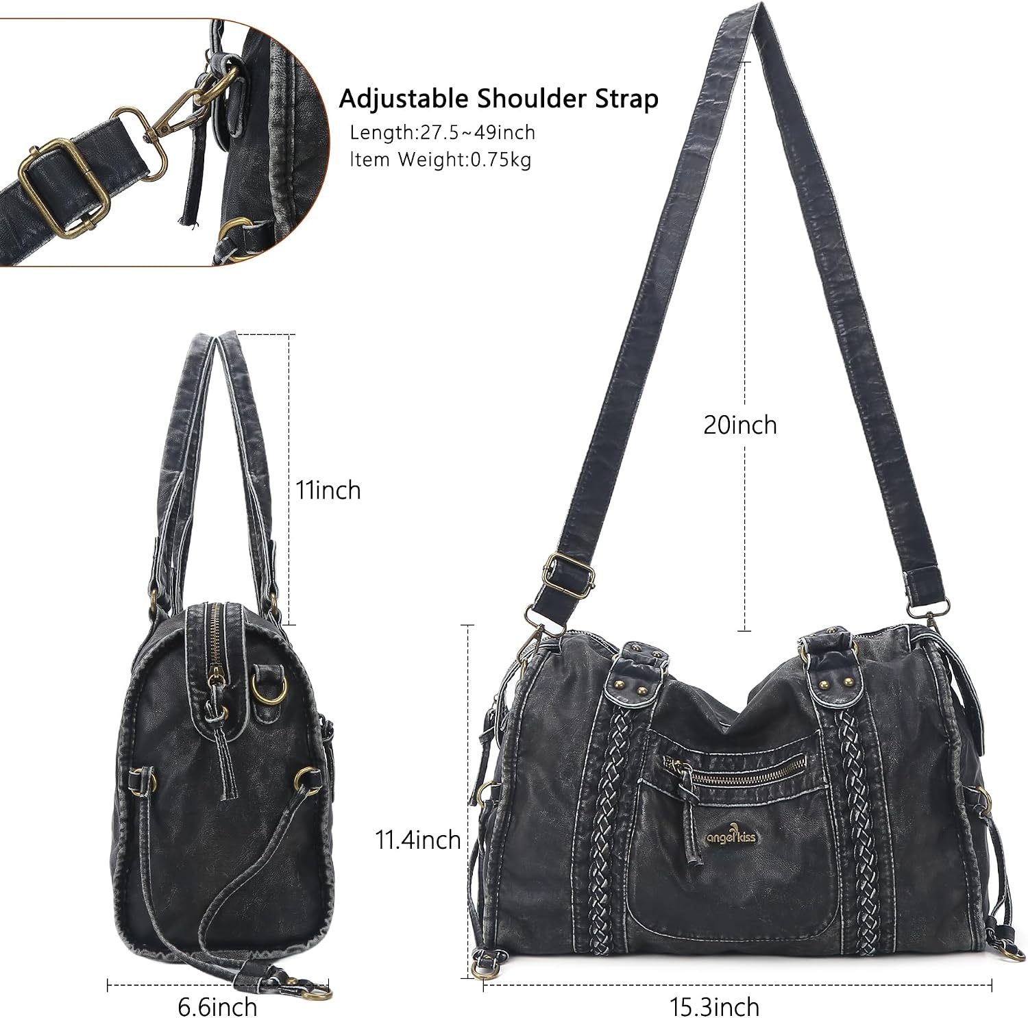 image:imageAngel Kiss Hobo Bags For Women Vegan Leather Hobo Satchel Handbags Large Tote Purses Shoulder BagRetro Black