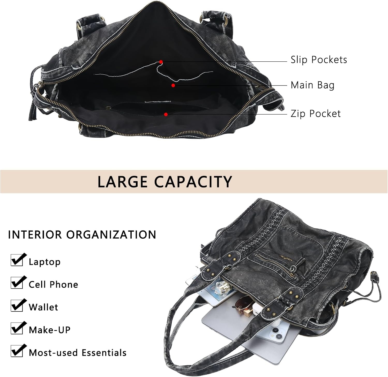 image:imageAngel Kiss Hobo Bags For Women Vegan Leather Hobo Satchel Handbags Large Tote Purses Shoulder BagRetro Black