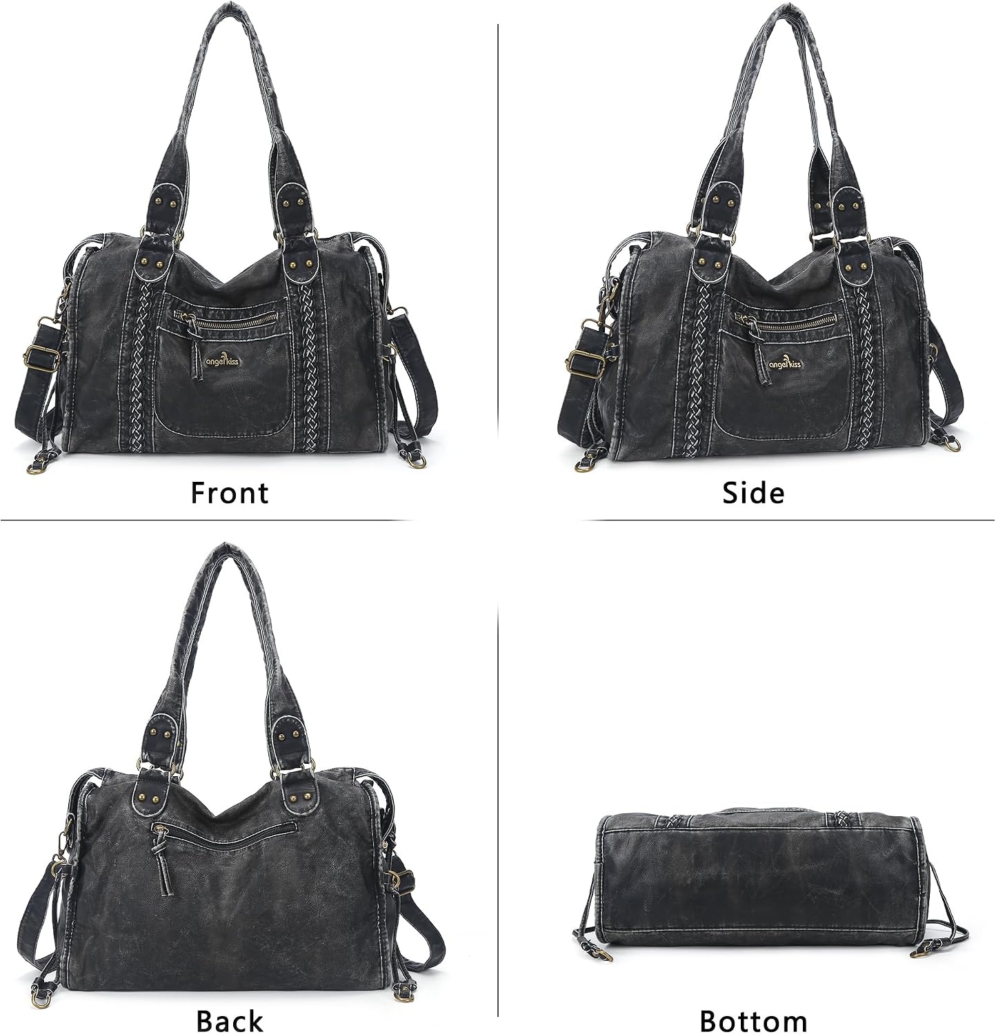 image:imageAngel Kiss Hobo Bags For Women Vegan Leather Hobo Satchel Handbags Large Tote Purses Shoulder BagRetro Black