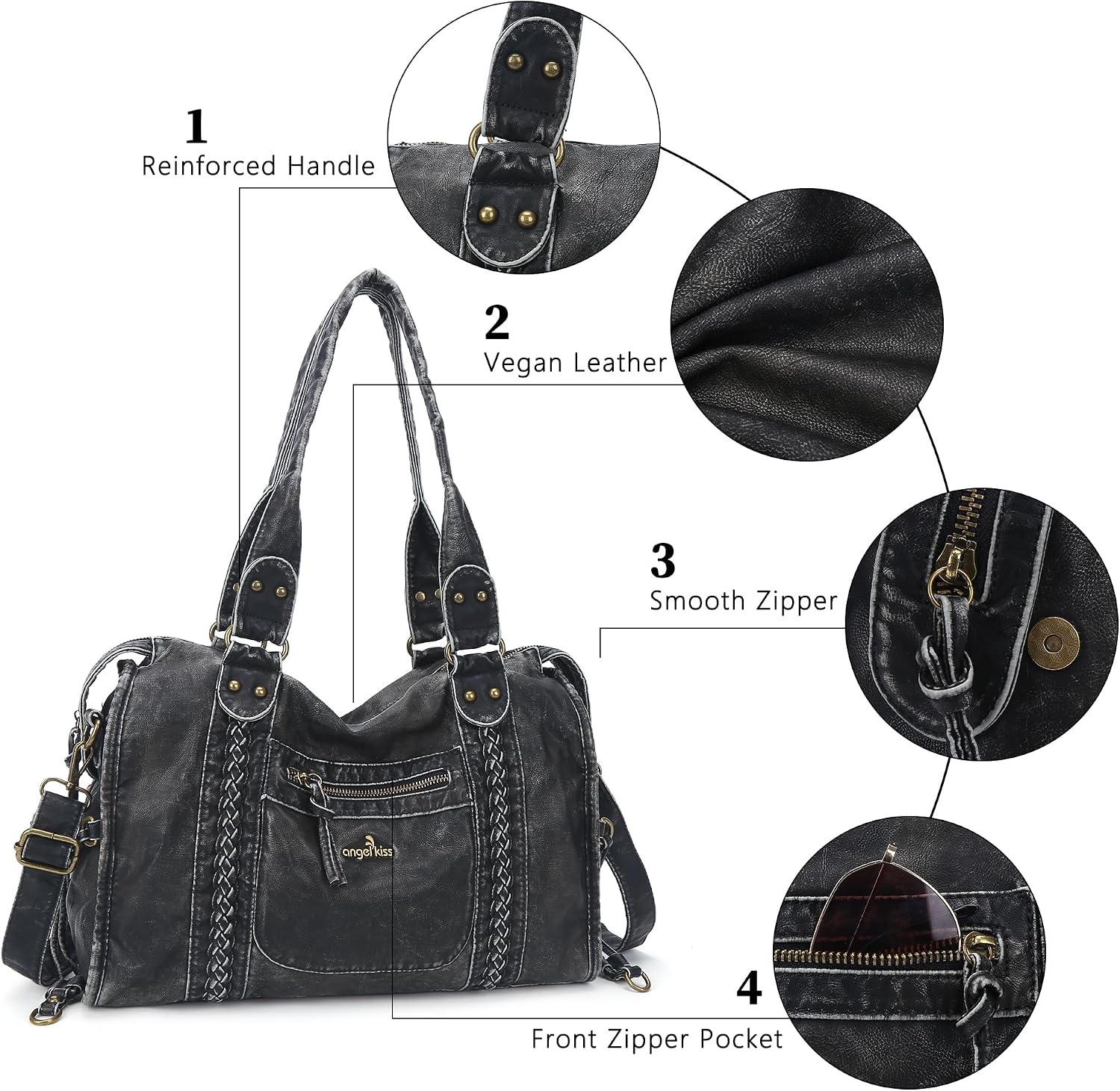 image:imageAngel Kiss Hobo Bags For Women Vegan Leather Hobo Satchel Handbags Large Tote Purses Shoulder BagRetro Black