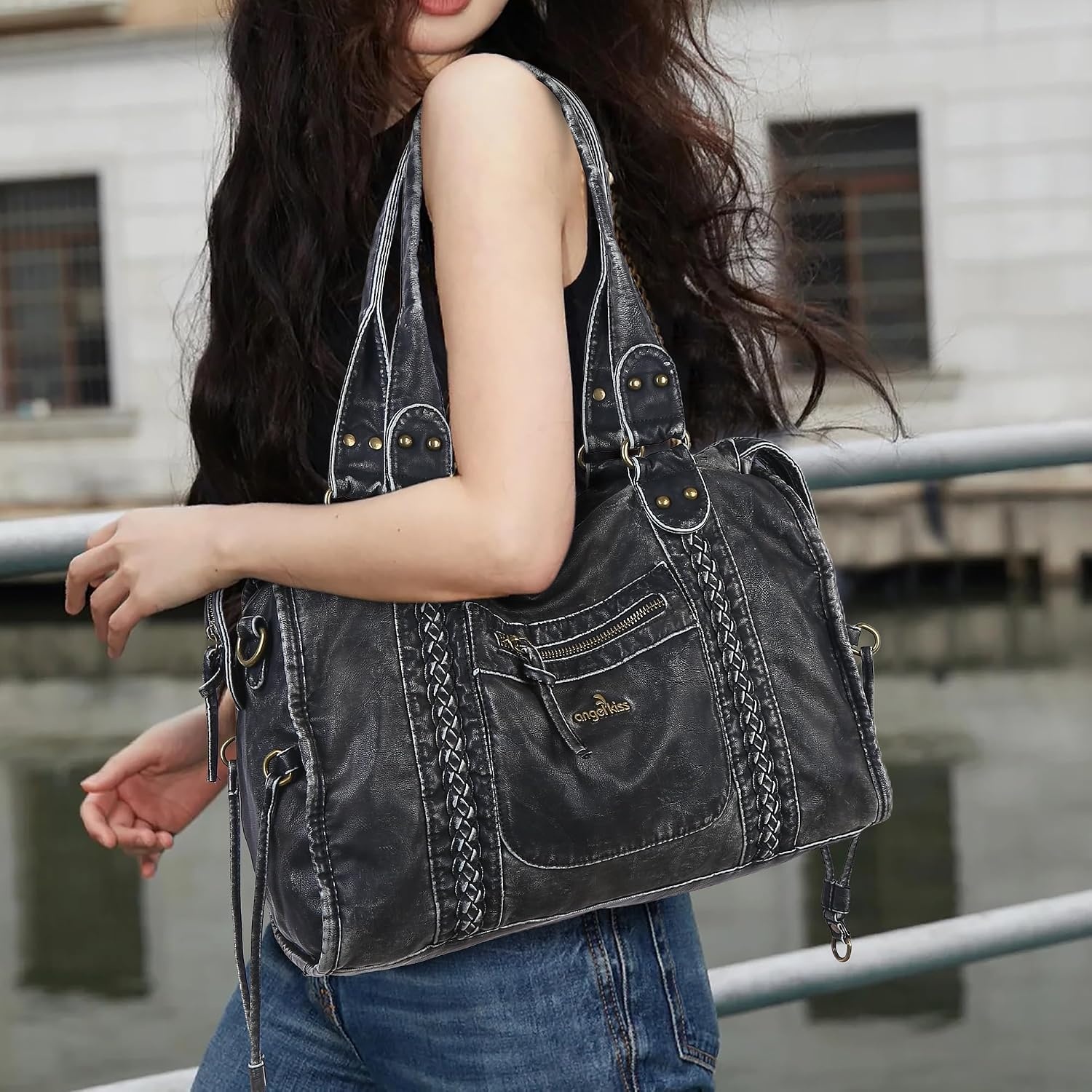 image:imageAngel Kiss Hobo Bags For Women Vegan Leather Hobo Satchel Handbags Large Tote Purses Shoulder BagRetro Black
