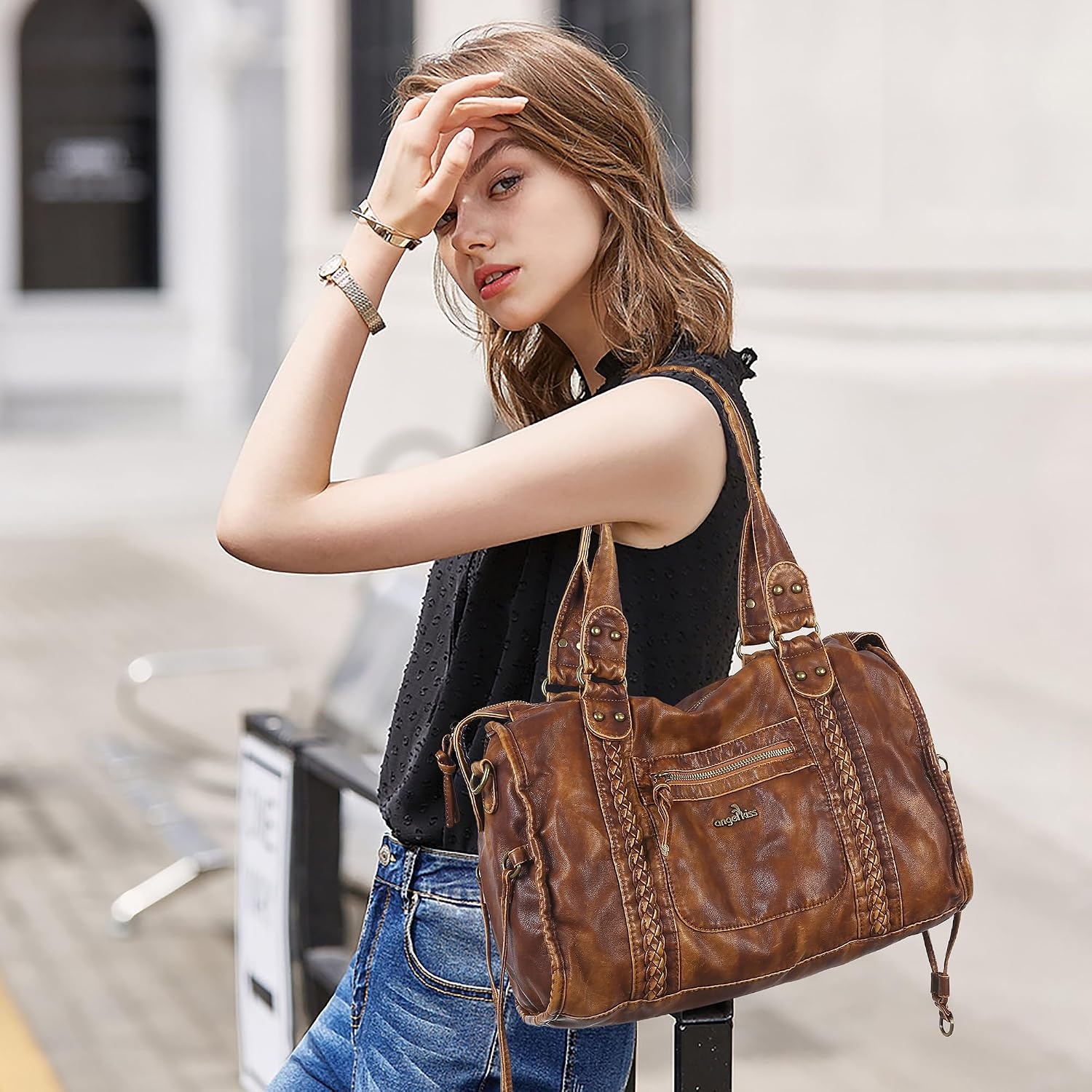 image:imageAngel Kiss Hobo Bags For Women Vegan Leather Hobo Satchel Handbags Large Tote Purses Shoulder BagRetro Brown