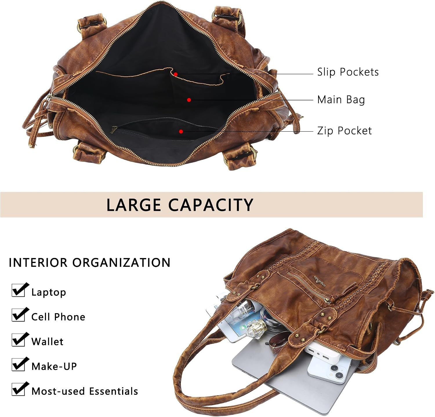 image:imageAngel Kiss Hobo Bags For Women Vegan Leather Hobo Satchel Handbags Large Tote Purses Shoulder BagRetro Brown