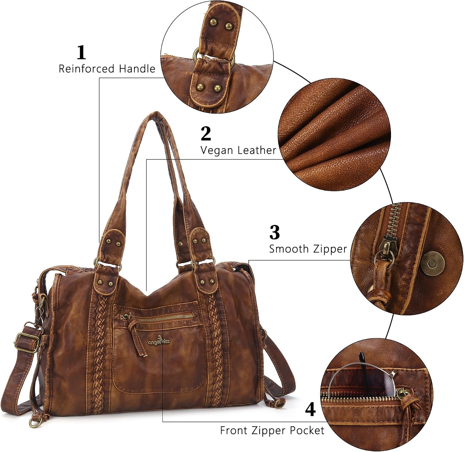 image:imageAngel Kiss Hobo Bags For Women Vegan Leather Hobo Satchel Handbags Large Tote Purses Shoulder BagRetro Brown