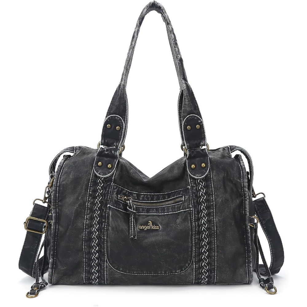 image:imageAngel Kiss Hobo Bags For Women Vegan Leather Hobo Satchel Handbags Large Tote Purses Shoulder BagRetro Black