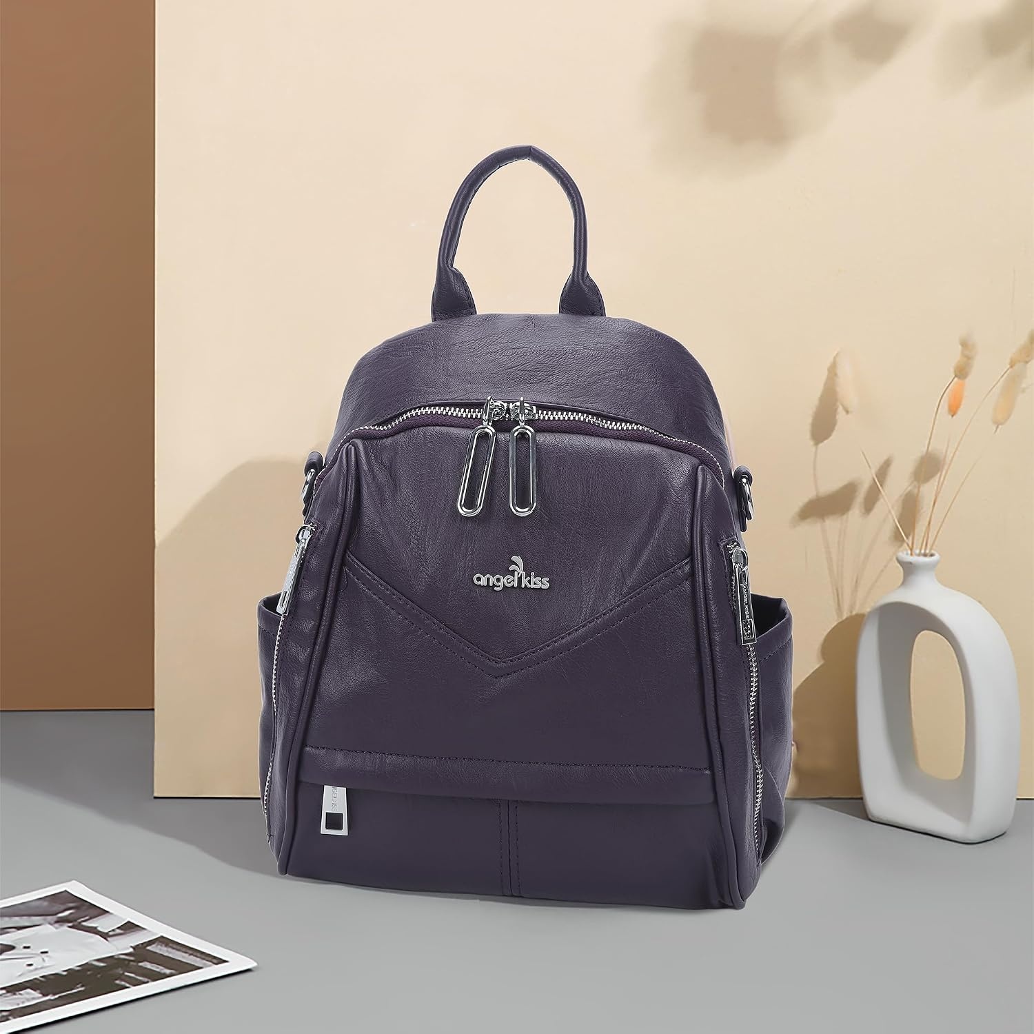 image:imageAngel Kiss Small Backpack Purse for WomenSoft Vegan Leather Roomy BackpacksDesigner Ladies Shoulder Backpack Fashion Handbag with Removable StrapBeigePurple