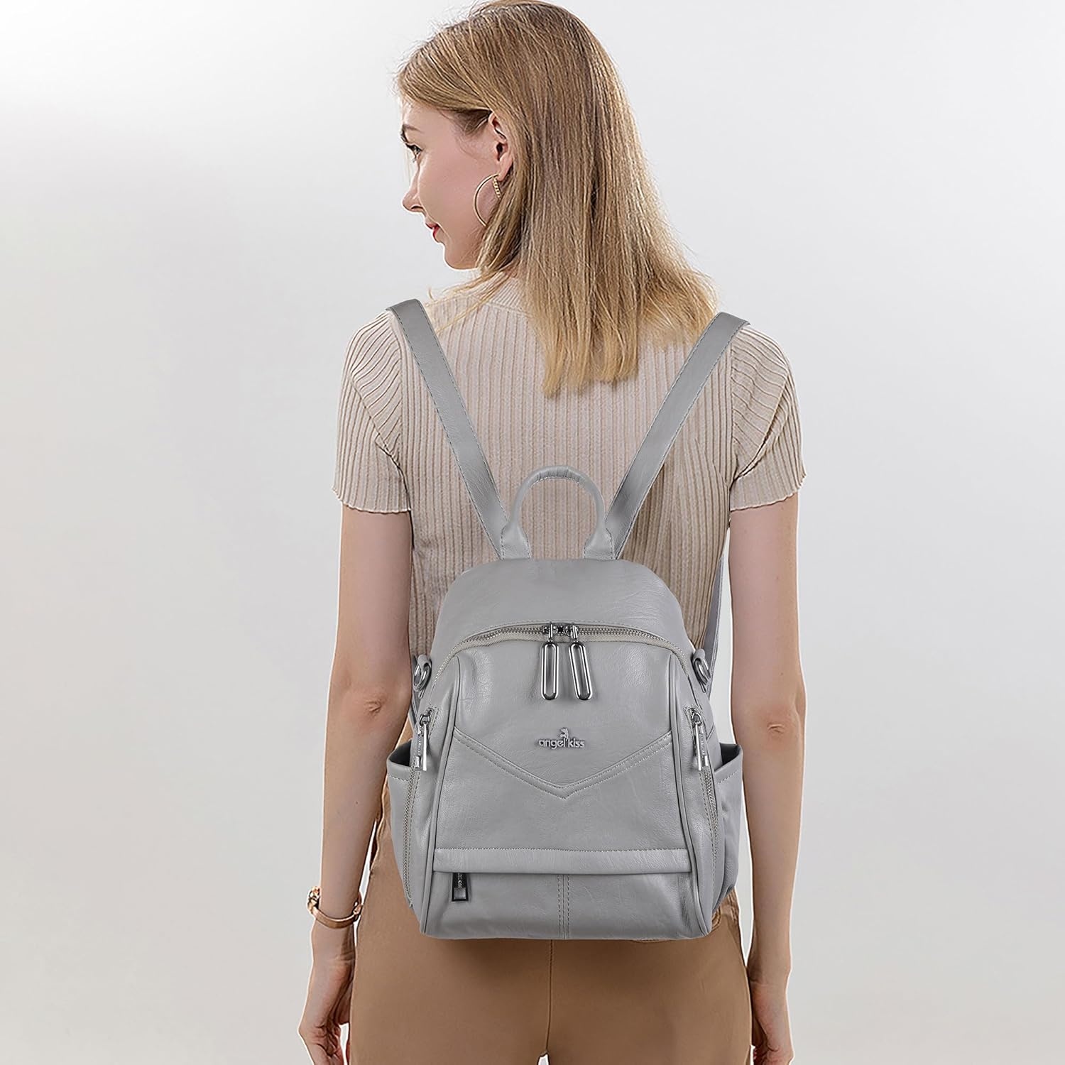 image:imageAngel Kiss Small Backpack Purse for WomenSoft Vegan Leather Roomy BackpacksDesigner Ladies Shoulder Backpack Fashion Handbag with Removable StrapBeigeGrey