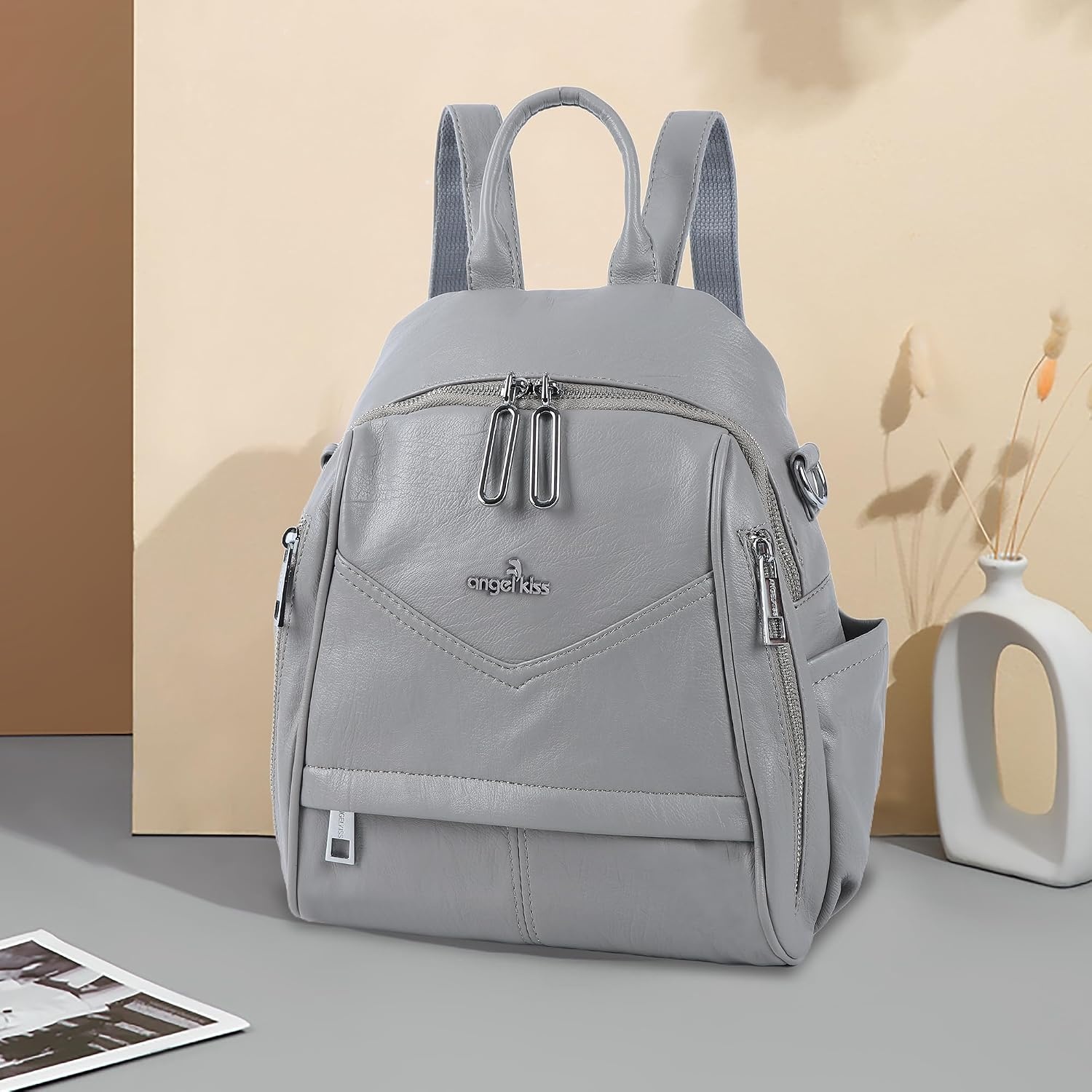 image:imageAngel Kiss Small Backpack Purse for WomenSoft Vegan Leather Roomy BackpacksDesigner Ladies Shoulder Backpack Fashion Handbag with Removable StrapBeigeGrey
