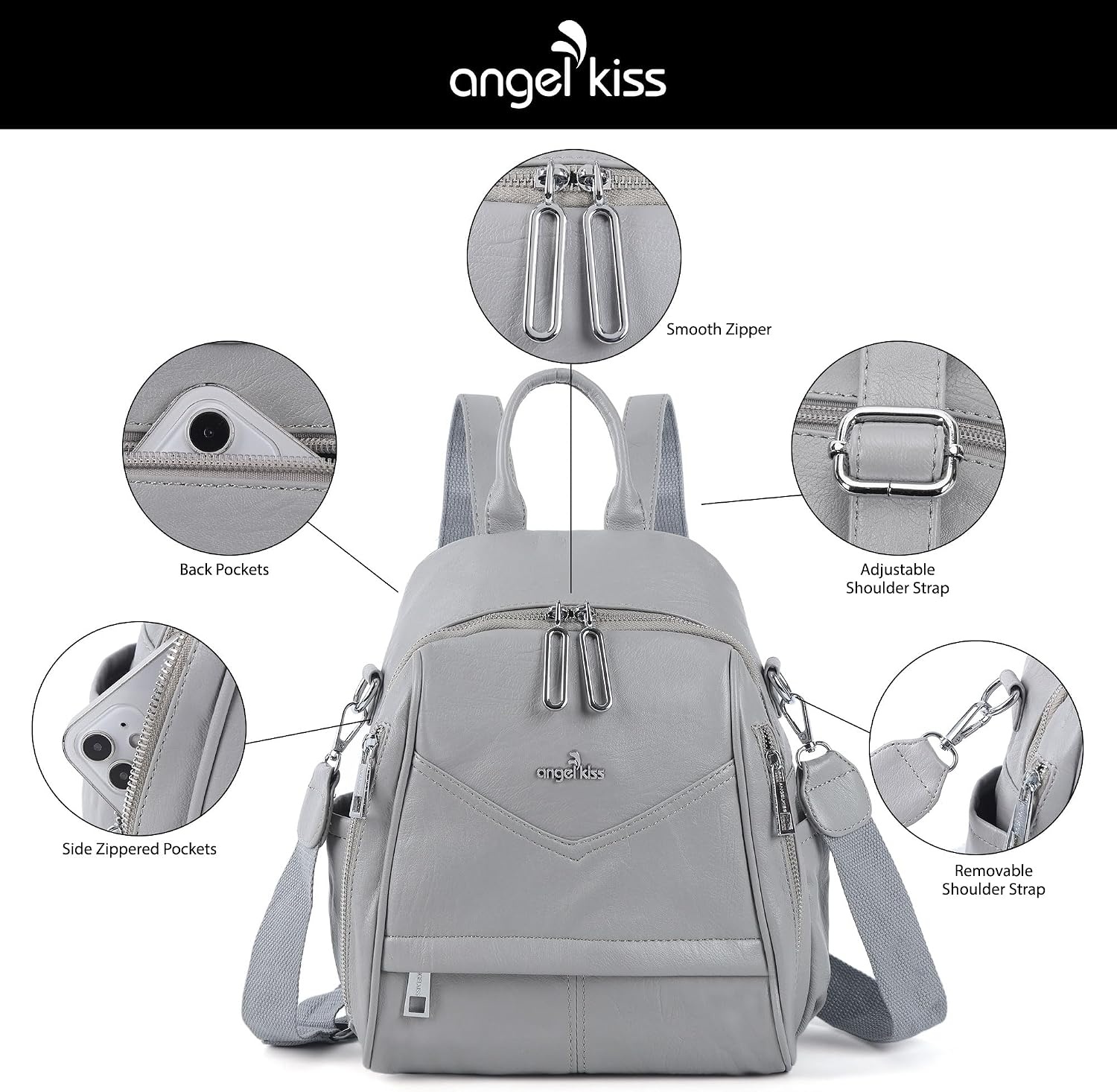 image:imageAngel Kiss Small Backpack Purse for WomenSoft Vegan Leather Roomy BackpacksDesigner Ladies Shoulder Backpack Fashion Handbag with Removable StrapBeigeGrey
