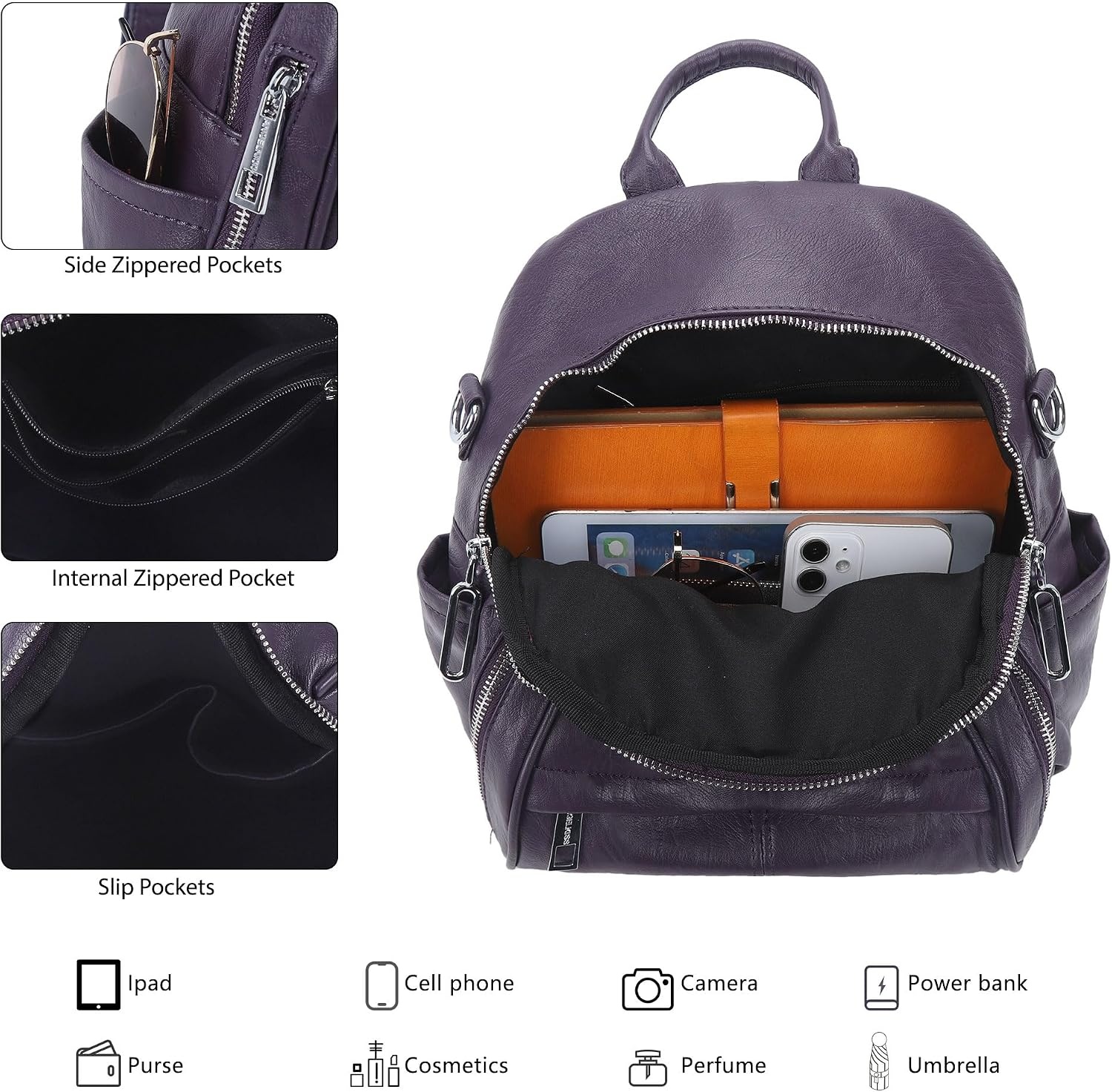 image:imageAngel Kiss Small Backpack Purse for WomenSoft Vegan Leather Roomy BackpacksDesigner Ladies Shoulder Backpack Fashion Handbag with Removable StrapBeigePurple