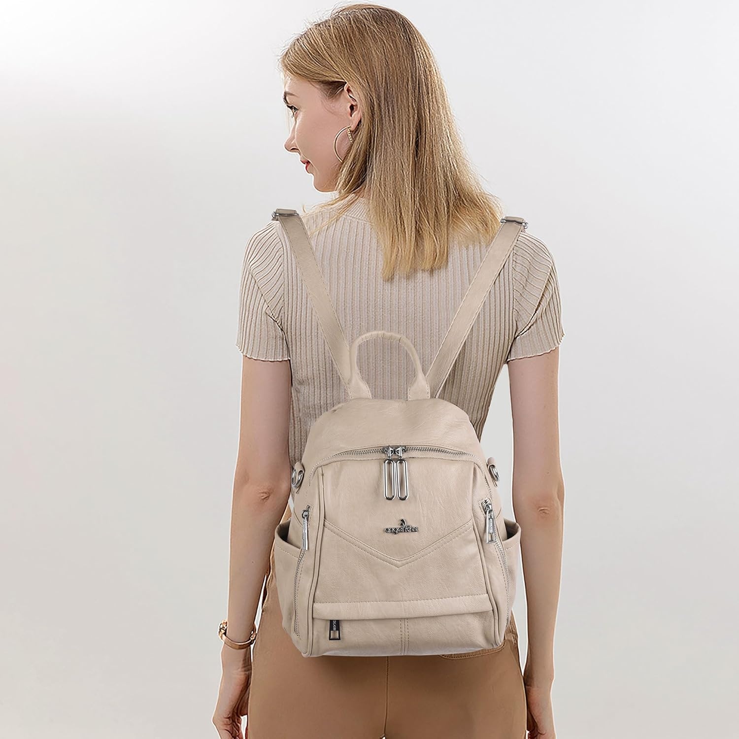 image:imageAngel Kiss Small Backpack Purse for WomenSoft Vegan Leather Roomy BackpacksDesigner Ladies Shoulder Backpack Fashion Handbag with Removable StrapBeigeApricot