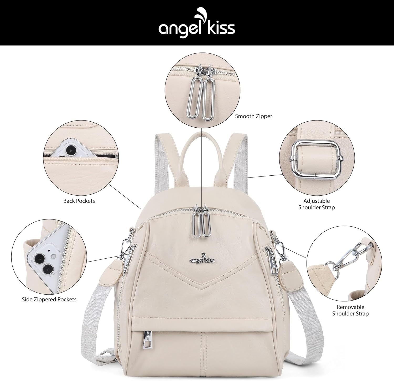 image:imageAngel Kiss Small Backpack Purse for WomenSoft Vegan Leather Roomy BackpacksDesigner Ladies Shoulder Backpack Fashion Handbag with Removable StrapBeigeBeige