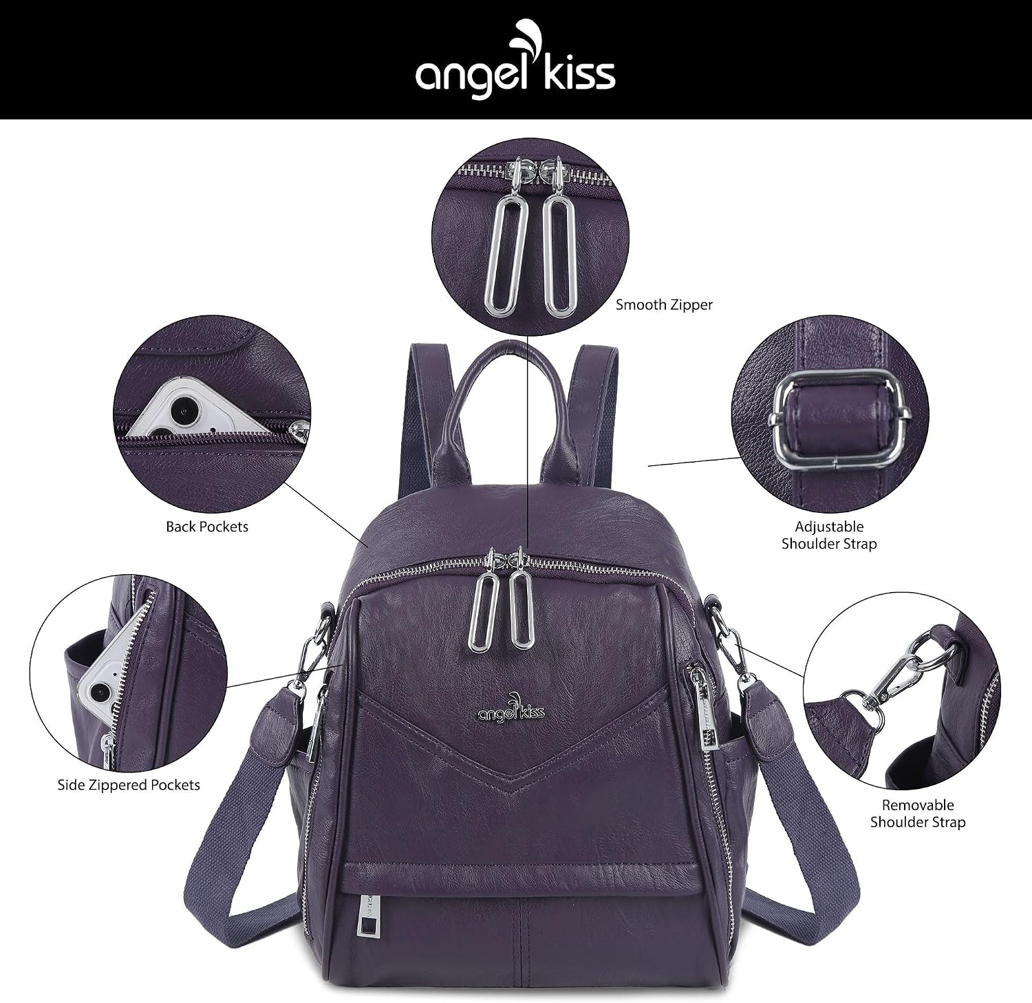 image:imageAngel Kiss Small Backpack Purse for WomenSoft Vegan Leather Roomy BackpacksDesigner Ladies Shoulder Backpack Fashion Handbag with Removable StrapBeigePurple