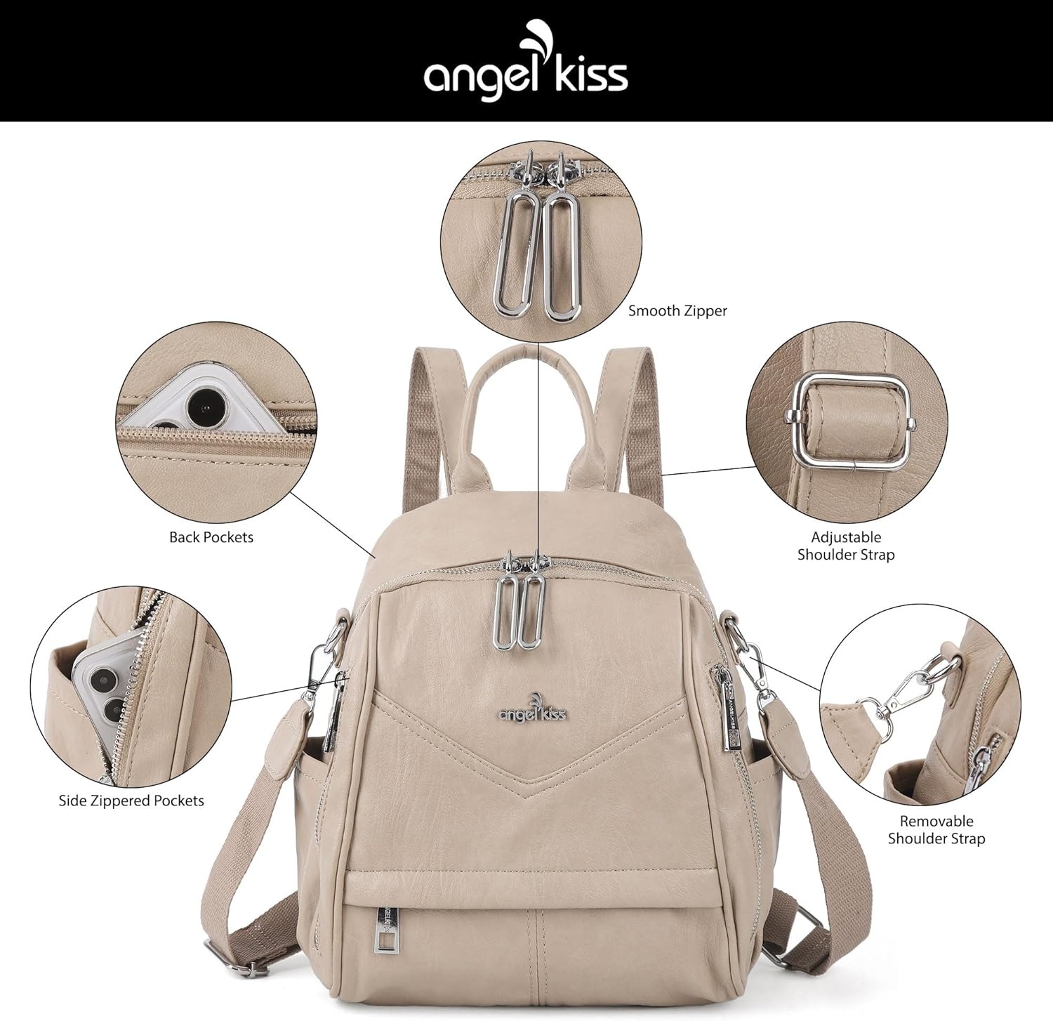 image:imageAngel Kiss Small Backpack Purse for WomenSoft Vegan Leather Roomy BackpacksDesigner Ladies Shoulder Backpack Fashion Handbag with Removable StrapBeigeApricot